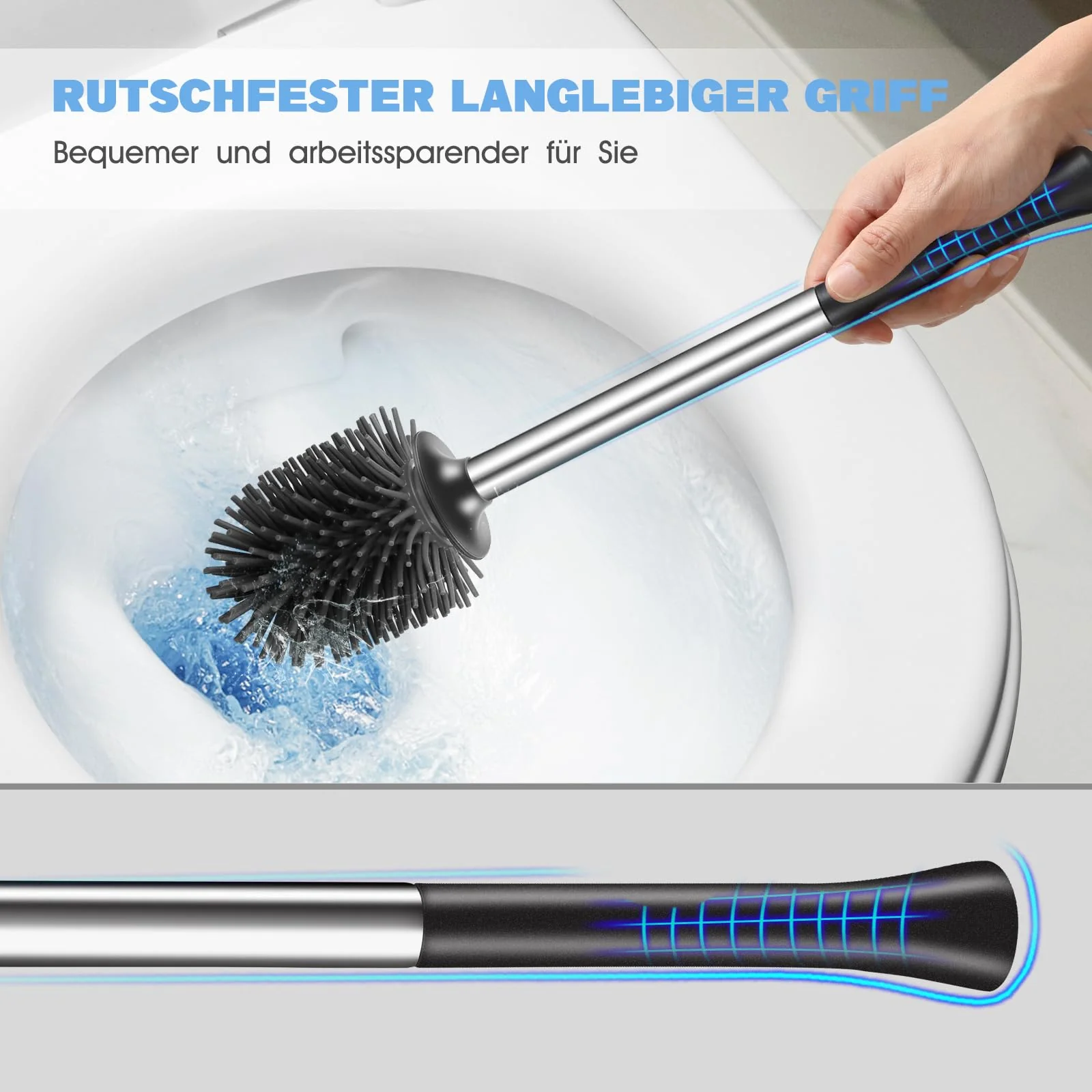 HAMITOR Kloburste Silikon WC Bursten Edelstahl: Tiefenreinigung Toilettenburste mit Halter und Randreiniger-Flexible Kloburstenhalter Set fur Badezimmer Stehen Toilet Brush - Image 6
