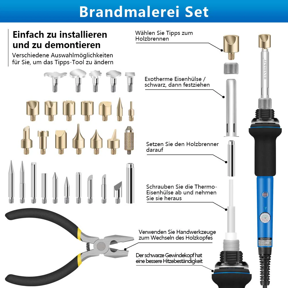 HANDSKIT Bleistift Brandmalerei Lötkolben Set, 42PCS Brandmalkolben mit einstellbarer Ein/Aus-Schalte, mit 60W Temperatur 220-450 °C, Holzbrandmalerei für Profi Hobbybastler - Image 2
