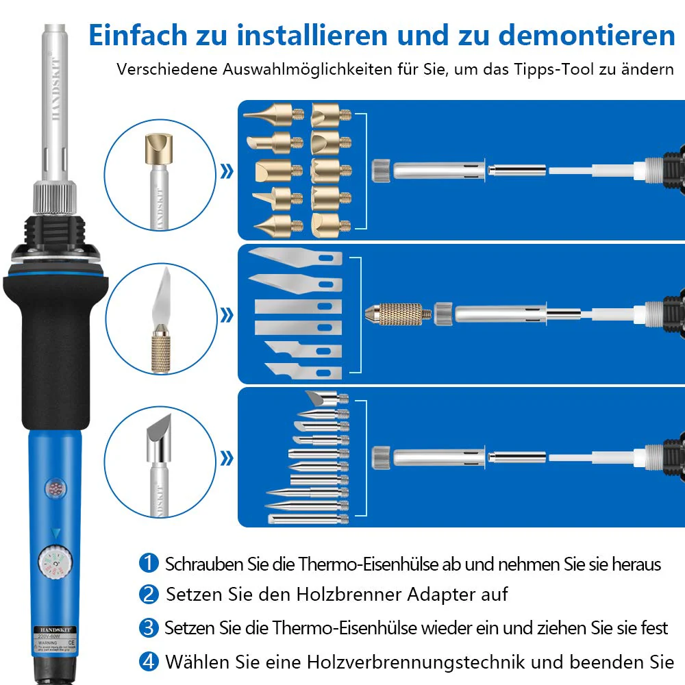 HANDSKIT Bleistift Brandmalerei Lötkolben Set, 42PCS Brandmalkolben mit einstellbarer Ein/Aus-Schalte, mit 60W Temperatur 220-450 °C, Holzbrandmalerei für Profi Hobbybastler - Image 9