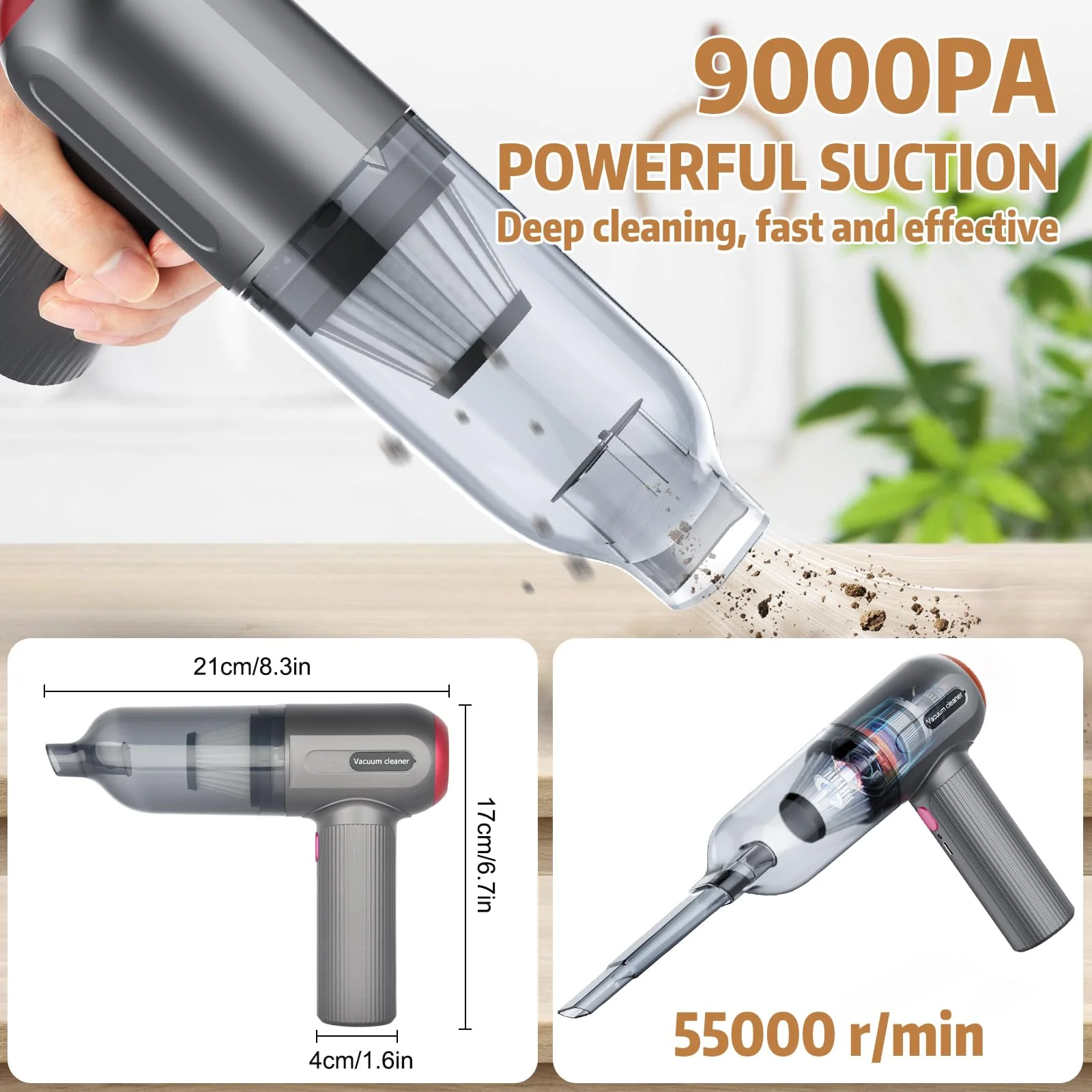 Handstaubsauger, 9000 PA Handstaubsauger Kabellos, Mini/Tragbar/Aufladbar USB Vacuum Cleaner, für Tierhaare, Auto, Zuhause, Büro, Auto, Zuhause, Büro - Image 3