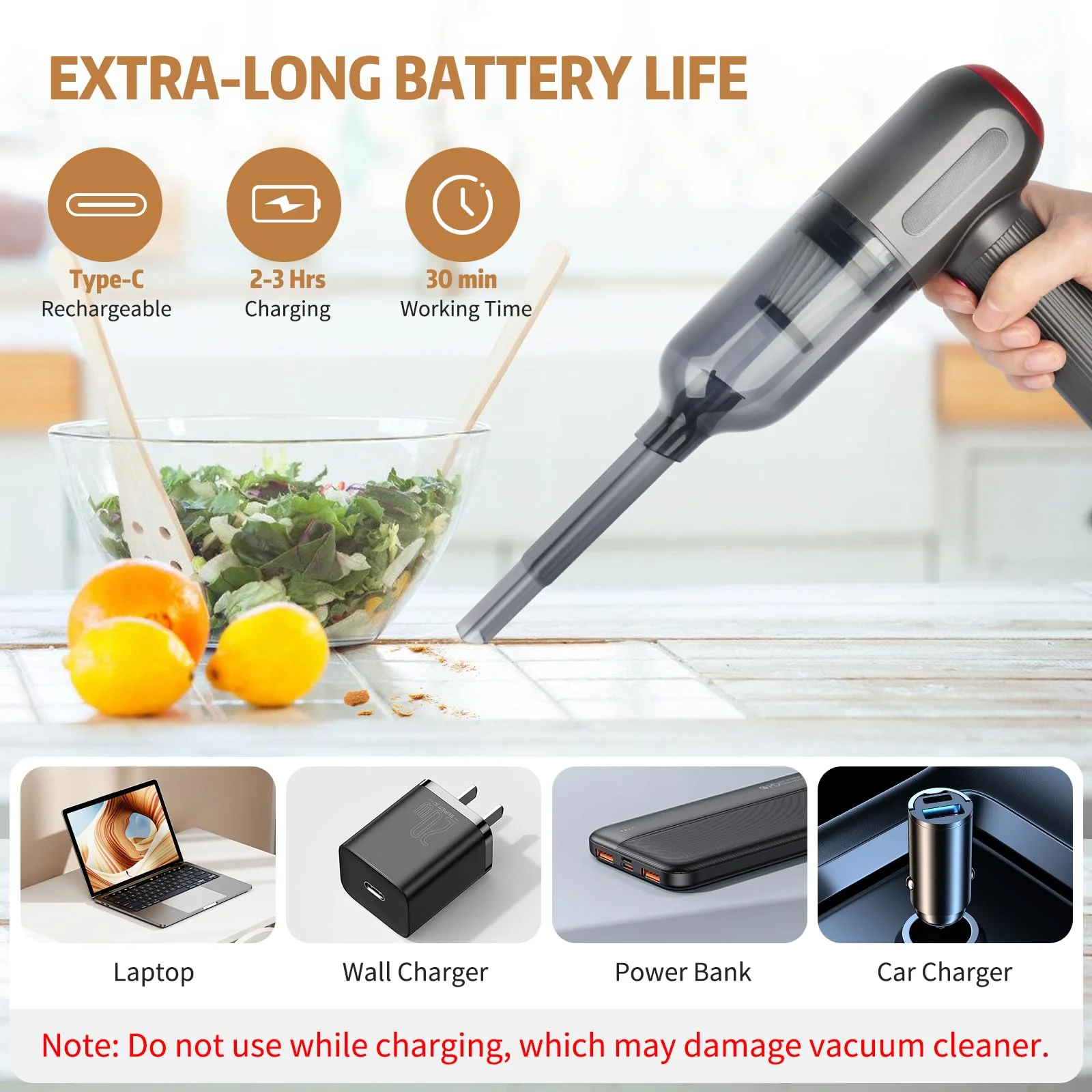 Handstaubsauger, 9000 PA Handstaubsauger Kabellos, Mini/Tragbar/Aufladbar USB Vacuum Cleaner, für Tierhaare, Auto, Zuhause, Büro, Auto, Zuhause, Büro - Image 5