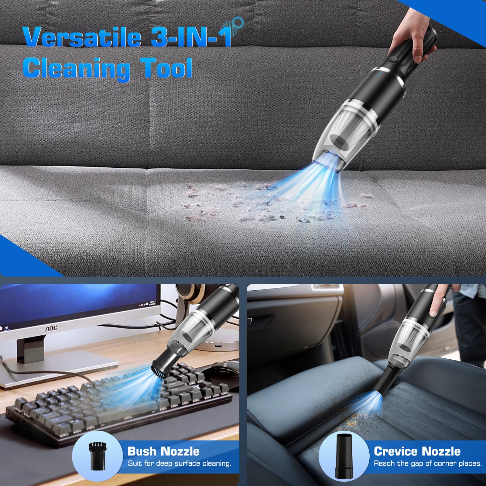 Handstaubsauger Akku,15000 PA/60W Tragbarer Leichter Mini Handstaubsauger Kabellos,USB Wiederaufladbar Handstaubsauger Auto Staubsauger,Wasserdicht Und Geräuscharm Für Haus Auto,Teppich,Küche - Image 5
