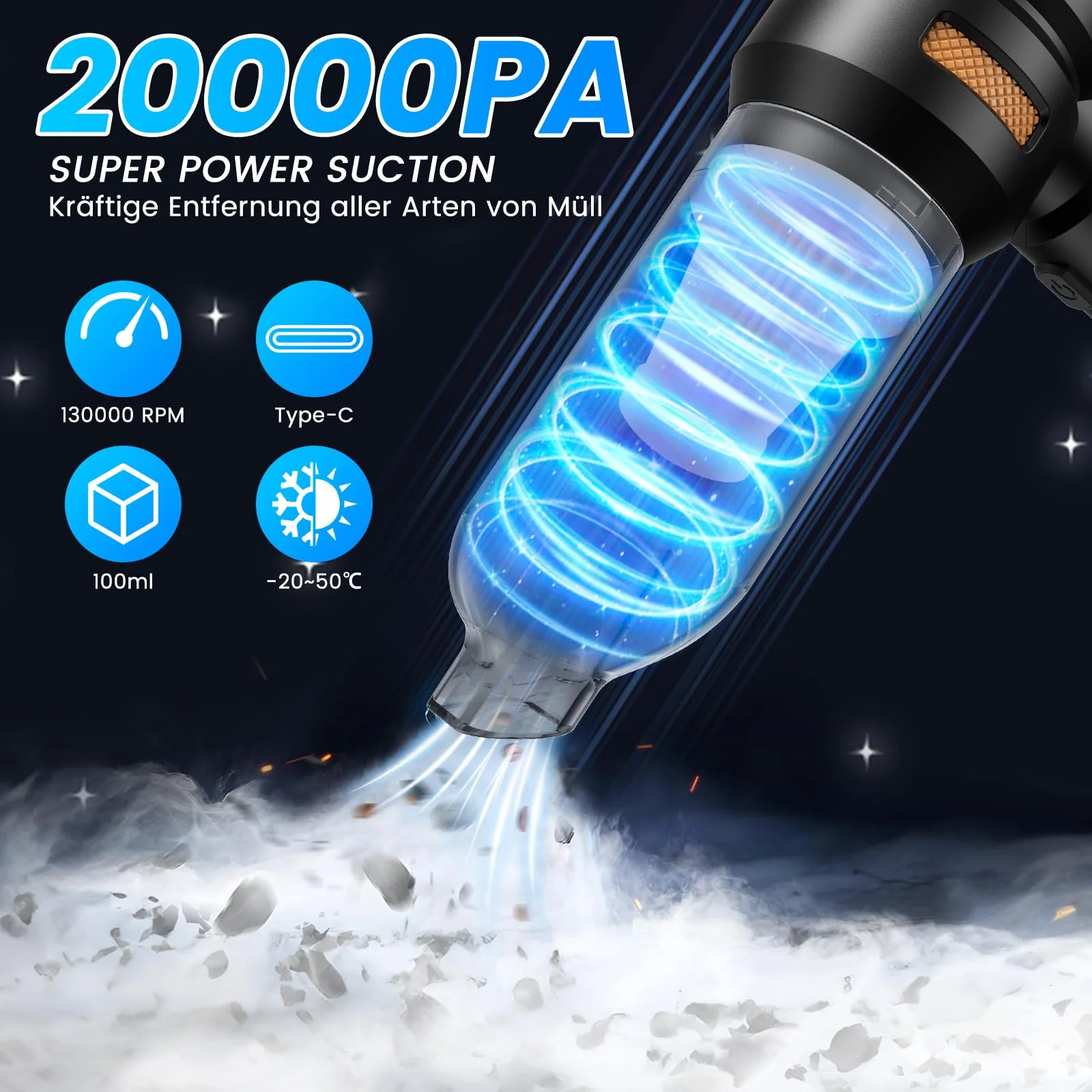 Handstaubsauger Akku Kabellos - 20000pa Auto staubsauger Stark, Mini Staubsauger FüR Auto, Pc, Haus,KüChe,Ritzen Und Ecken,Vacuum Cleaner High Power,Kann Als Aufblasbare Pumpe Verwendet Werden,6000mAh - Image 3