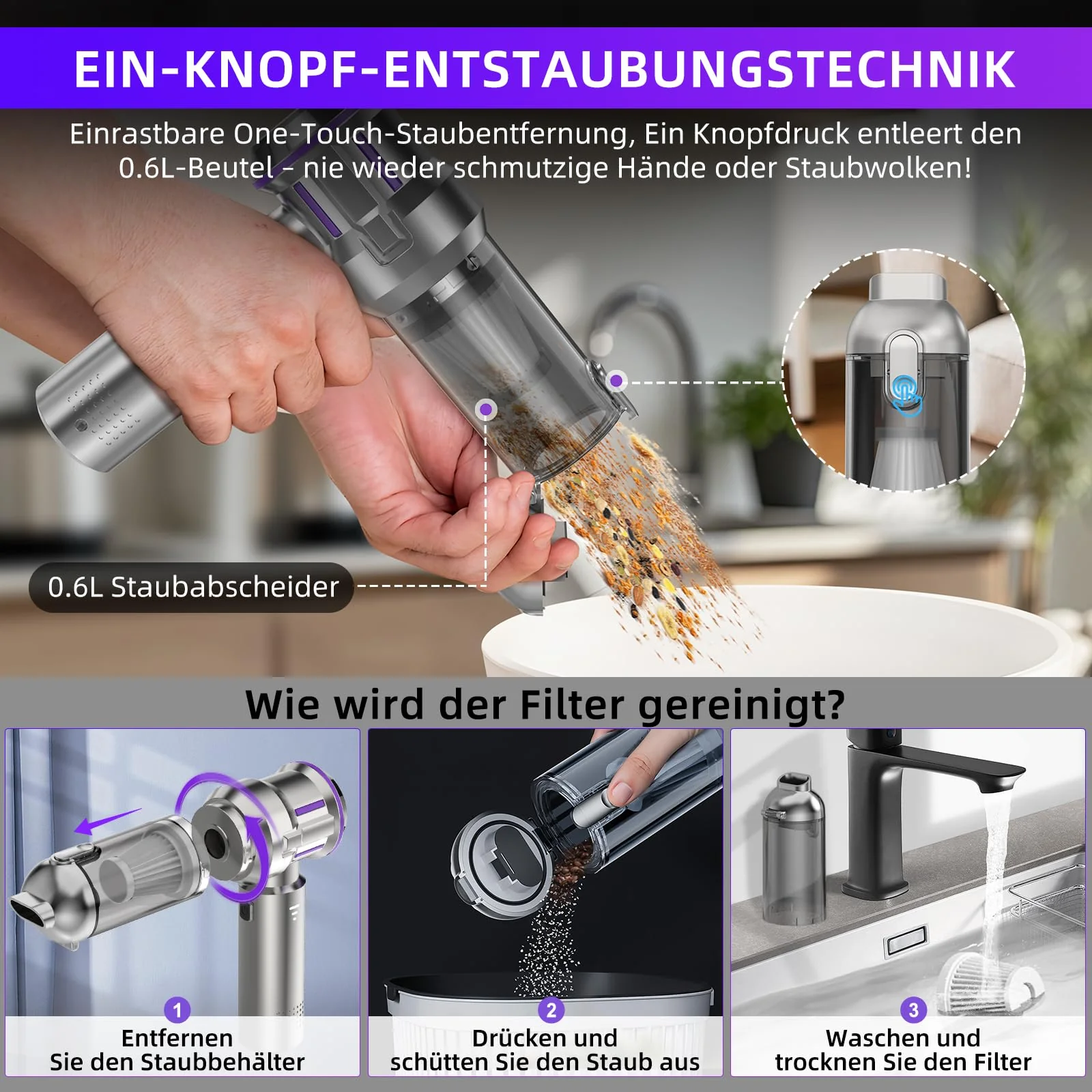 Handstaubsauger Kabellos, 25000Pa Stark & 4 in 1 Akku Staubsauger mit 1-Knopf Selbstentleerung, Bürstenloser Motor Mini Staubsauger, 3 Stufen Saugstärke für Auto, Haus, Tierhaare, Ladegerät, Silber - Image 6