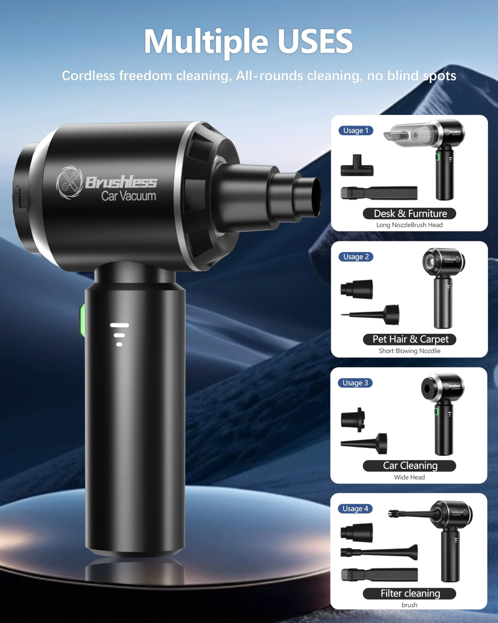 Handstaubsauger,Tragbar Leicht Auto Staubsauger Stark,18000Pa 4 in 1 Akku Handstaubsauger Kabellos,3-Gang Autostaubsauger mit Waschbar HEPA-Filter,Multifunktionale Mini Staubsauger für Auto/Büro/Haus - Image 5
