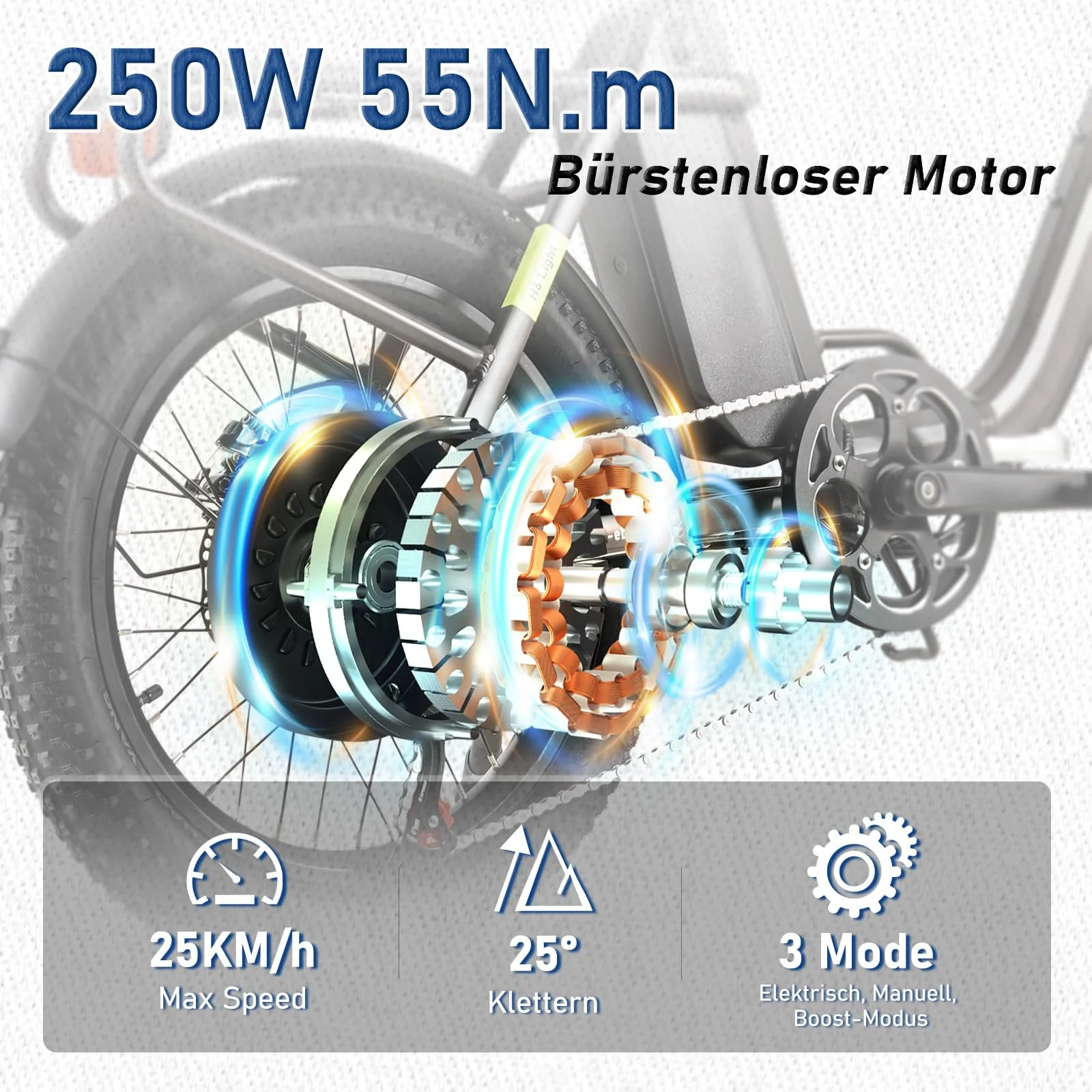 HANEVEAR H6-Light E Bike Klappbar, E Bike Herren Damen mit Drehmomentsensor, 48V 14,5Ah Abnehmbar Akku bis zu 120km+ Elektrofahrrad, 55N.m 250W-Motor, 3.0'' Fat E-Bike Für 160cm (Königsblau) - Image 6