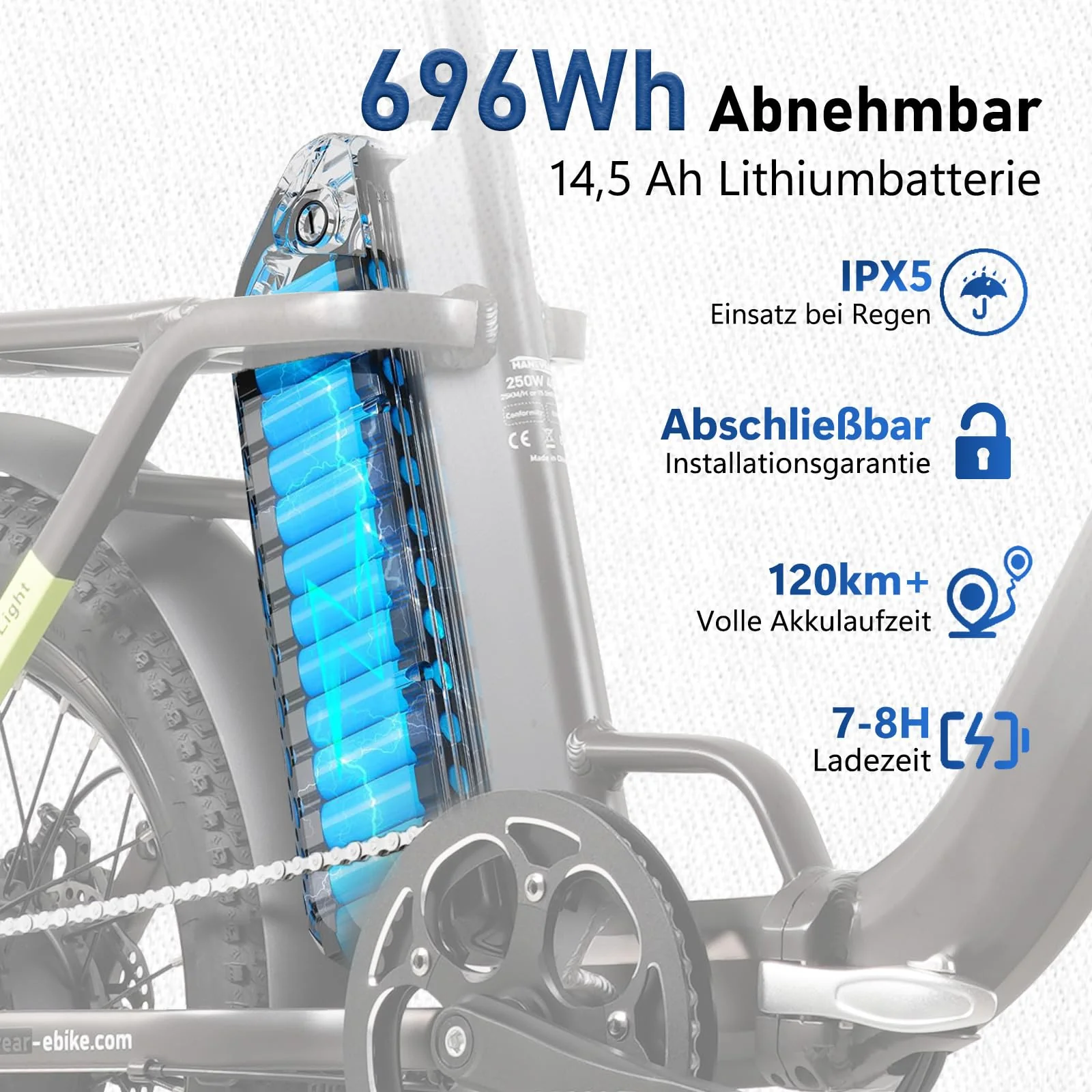 HANEVEAR H6-Light E Bike Klappbar, E Bike Herren Damen mit Drehmomentsensor, 48V 14,5Ah Abnehmbar Akku bis zu 120km+ Elektrofahrrad, 55N.m 250W-Motor, 3.0'' Fat E-Bike Für 160cm (Königsblau) - Image 8