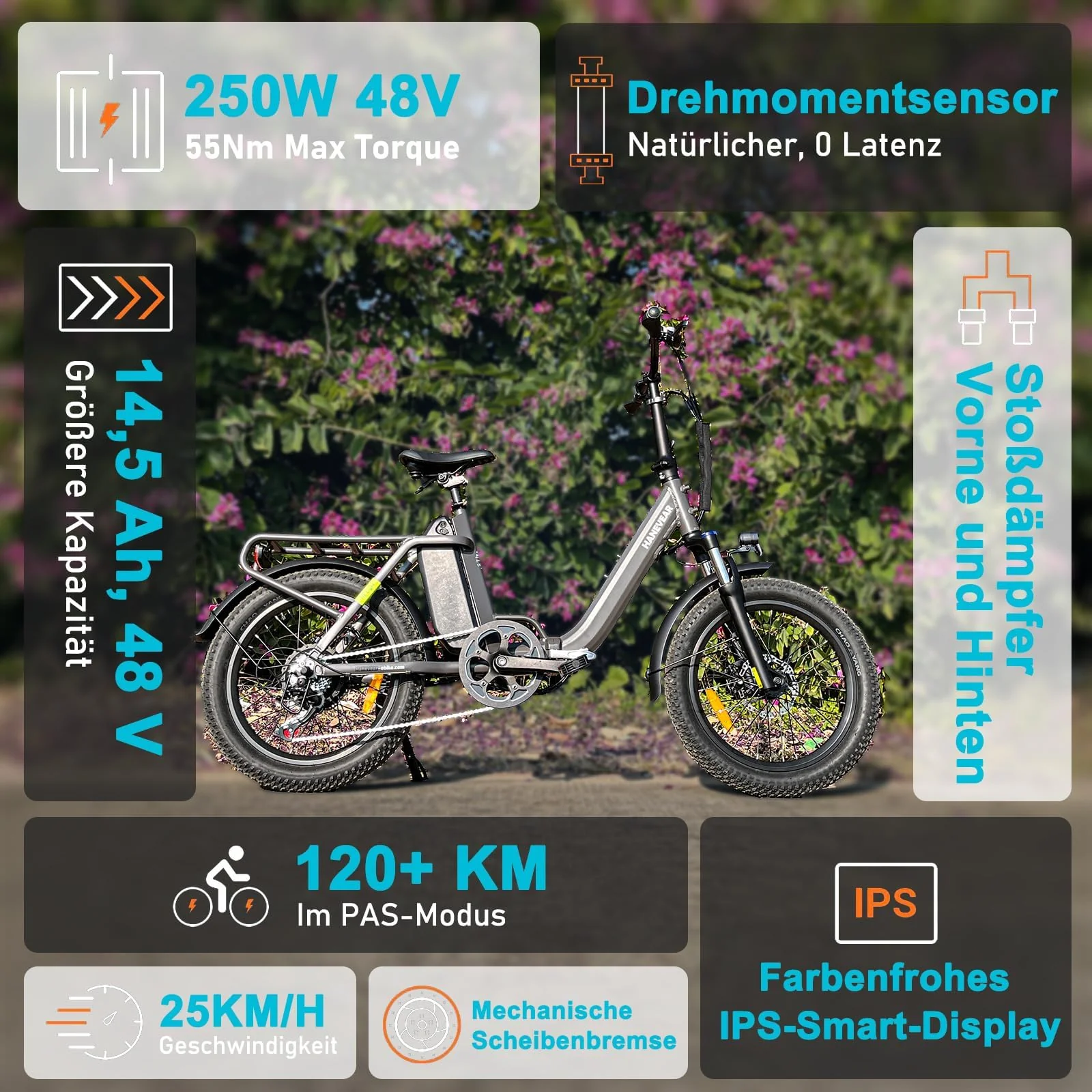 HANEVEAR H6-Light E Bike Klapprad, Elektrofahrräder mit Drehmomentsensor | 48V 14,5Ah Akku bis zu 120km+ | 55N.m 250W-Motor | 3.0'' Fat E-Bike, Off-Road Pedelec EBike Herren Damen (Grau Mit Frontkorb) - Image 3
