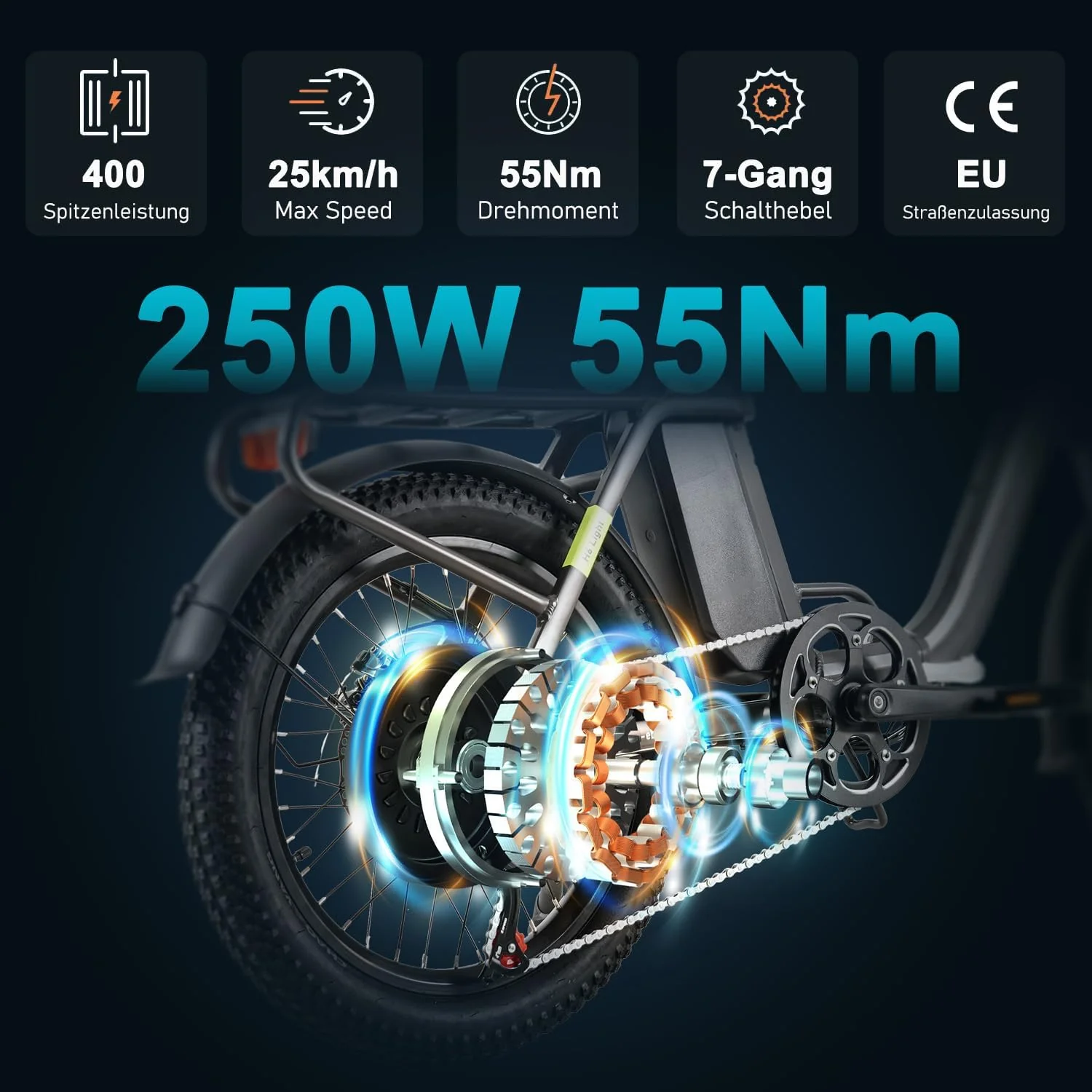 HANEVEAR H6-Light E Bike Klapprad, Elektrofahrräder mit Drehmomentsensor | 48V 14,5Ah Akku bis zu 120km+ | 55N.m 250W-Motor | 3.0'' Fat E-Bike, Off-Road Pedelec EBike Herren Damen (Grau Mit Frontkorb) - Image 5