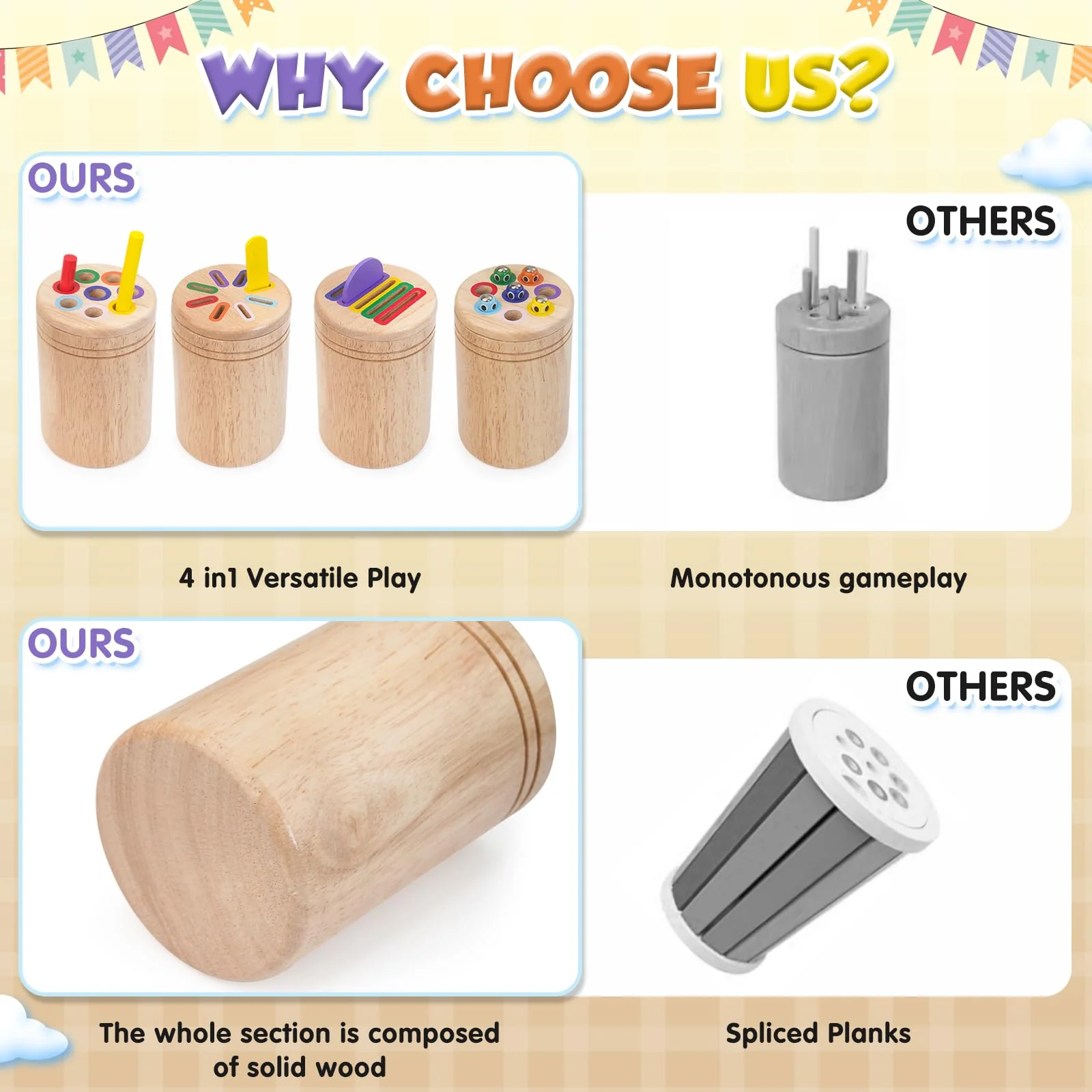Haozozo Montessori Spielzeug ab 1 Jahr, 4-in-1 Montessori Spielzeug ab 1 2 3 Jahre, Holz Montessori Spielzeug 1 2 3 Jahre, Sensorik Spielzeug Baby Kleinkind Spielzeug Motorikspielzeug ab 1 Jahr - Image 6