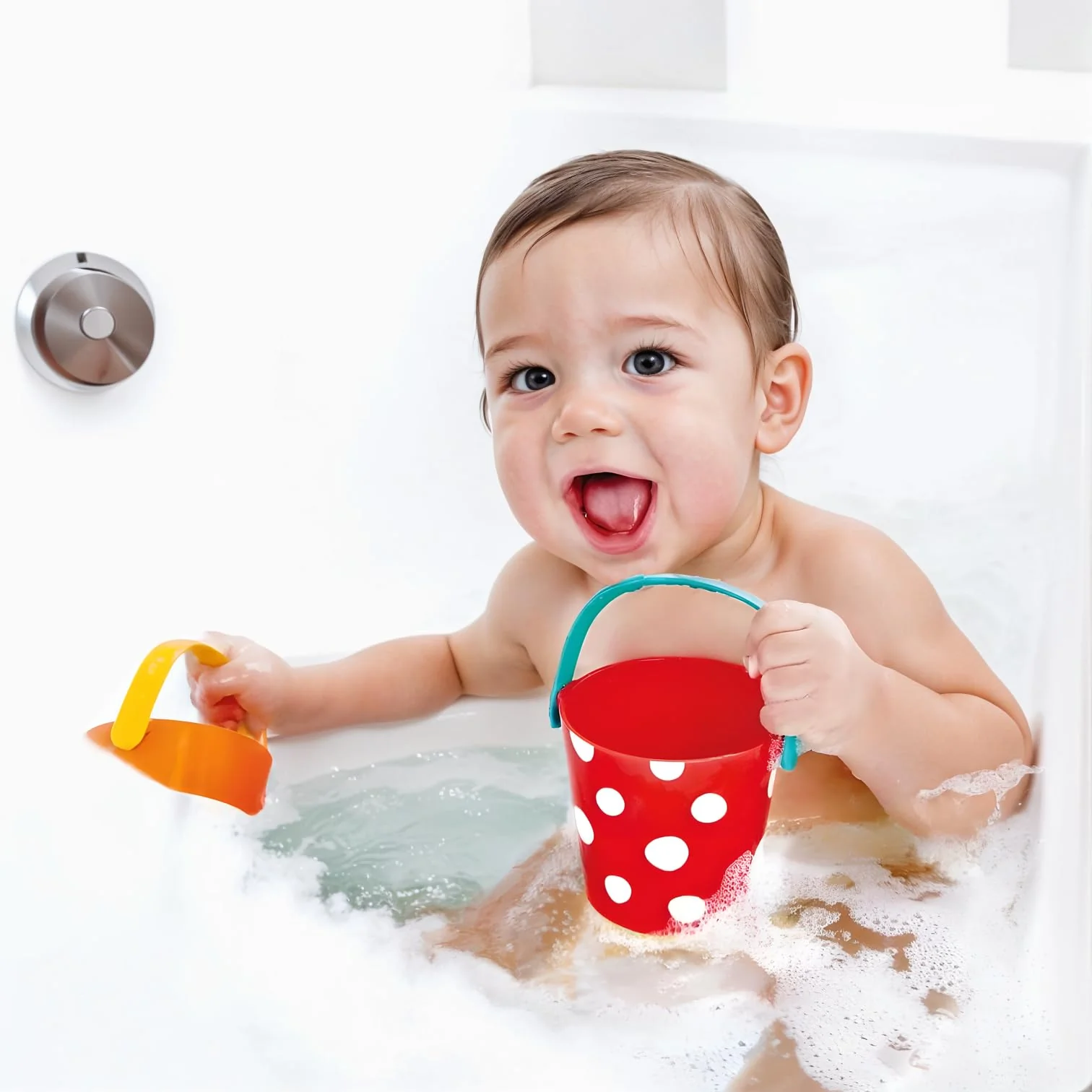 Hape Buntes Eimer-Set | Dreiteiliges Wasserrad-Badespielzeug für Kleinkinder, Mehrfarbig - Image 4