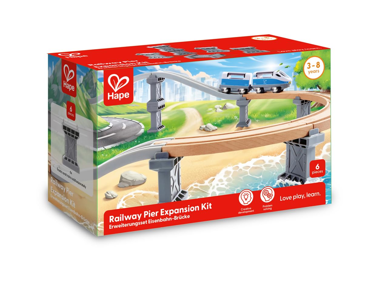 Hape Erweiterungsset Eisenbahn-Pier, Zubehör für Zug aus Holz, 6-teiligen Set, Gleiserhöhungen