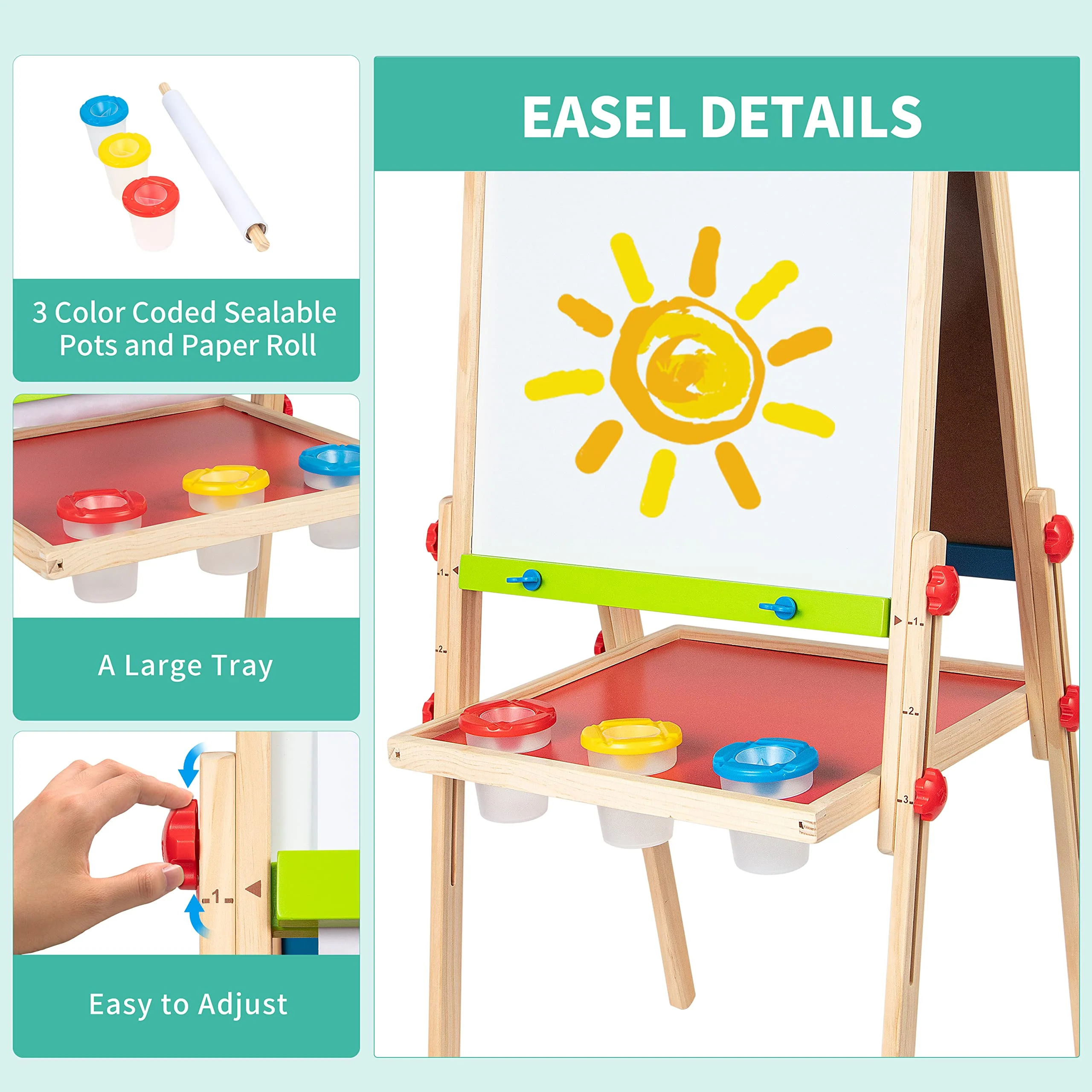 Hape Kinder Spiel-Tafel aus Holz| Preisgekrönte doppelseitige Kindertafel höhenverstellbar mit Papierrolle, Kreidetafel, Whiteboard, Magnete und 3 Malschüsselchen - Image 2
