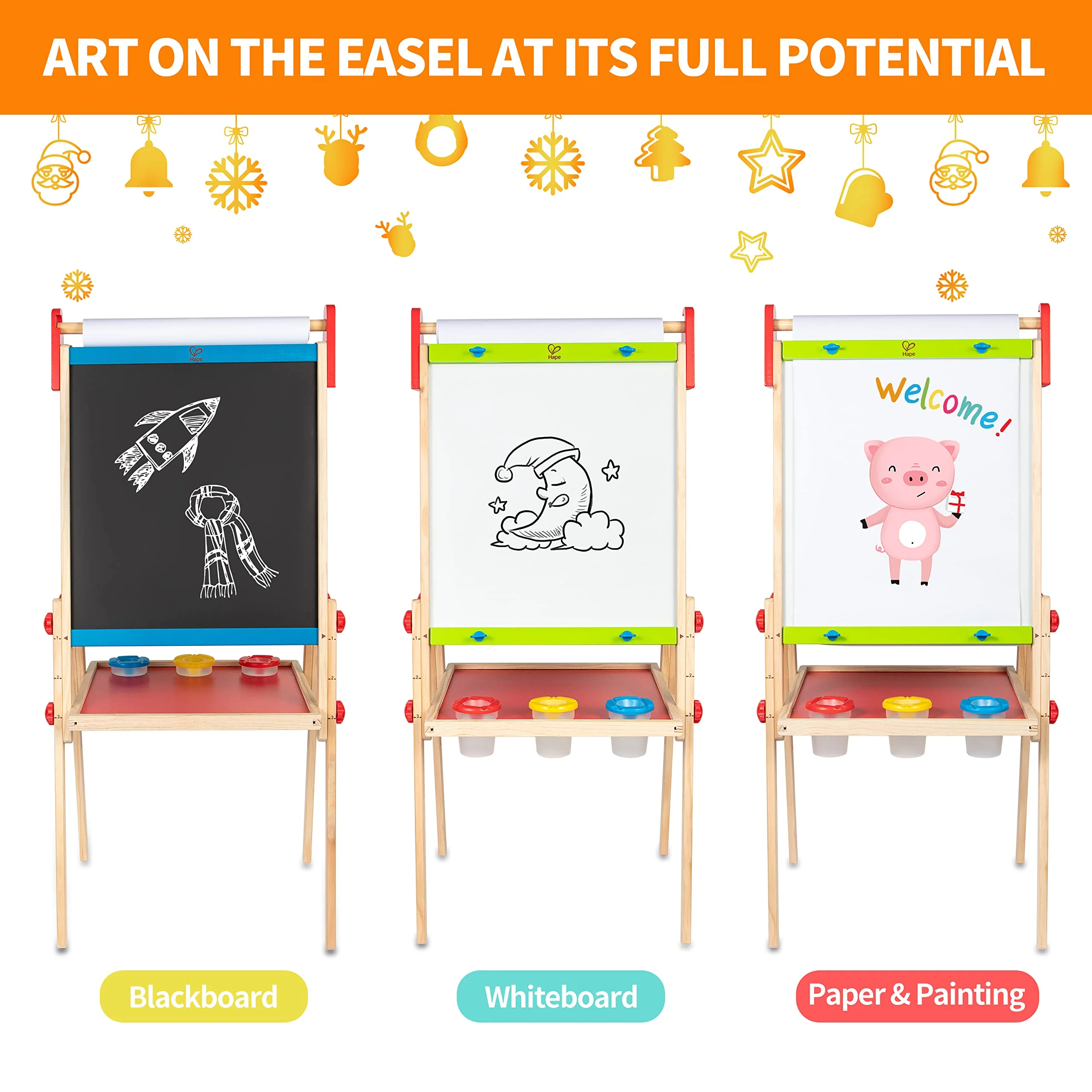 Hape Kinder Spiel-Tafel aus Holz| Preisgekrönte doppelseitige Kindertafel höhenverstellbar mit Papierrolle, Kreidetafel, Whiteboard, Magnete und 3 Malschüsselchen - Image 4