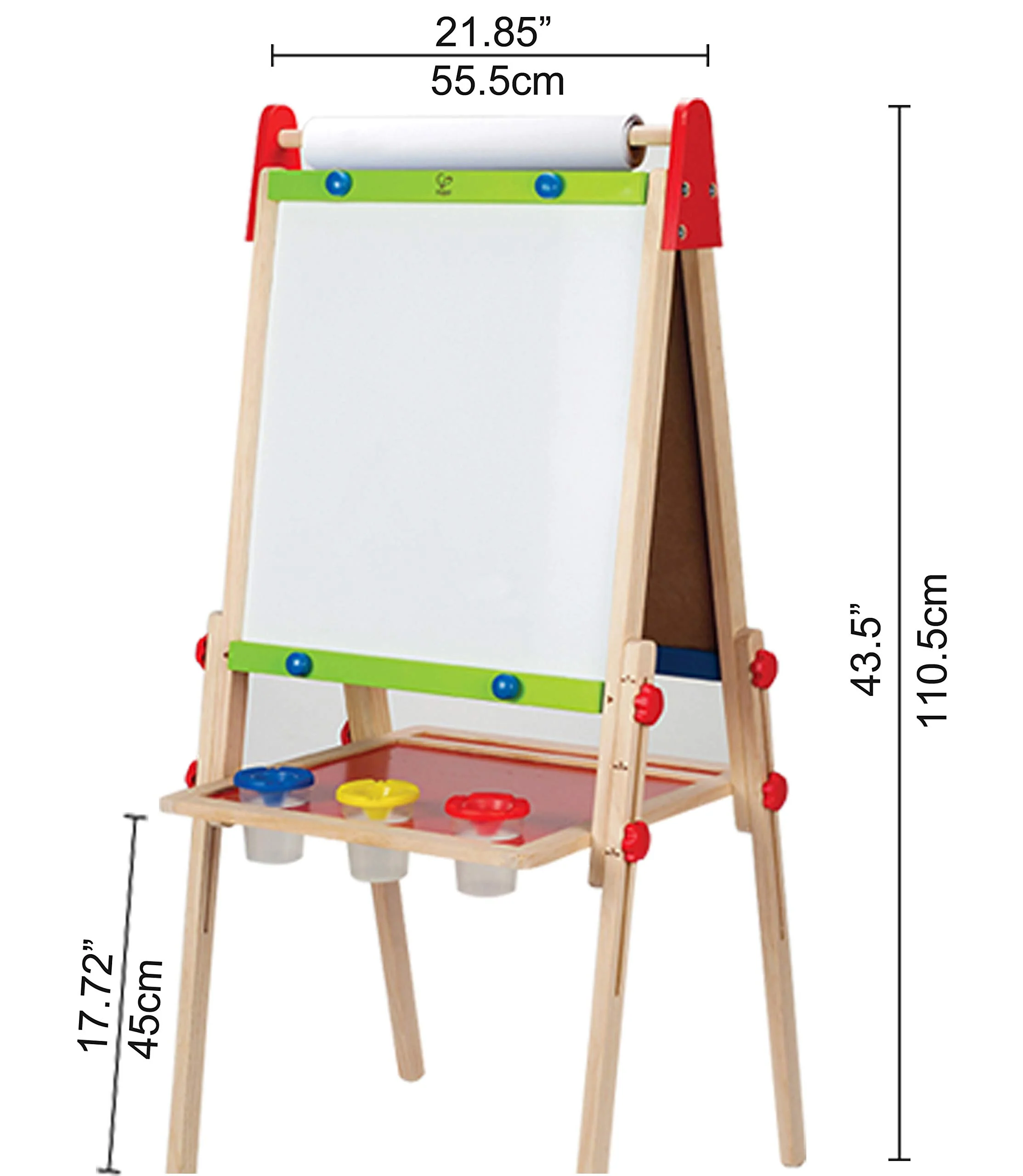 Hape Kinder Spiel-Tafel aus Holz| Preisgekrönte doppelseitige Kindertafel höhenverstellbar mit Papierrolle, Kreidetafel, Whiteboard, Magnete und 3 Malschüsselchen - Image 7