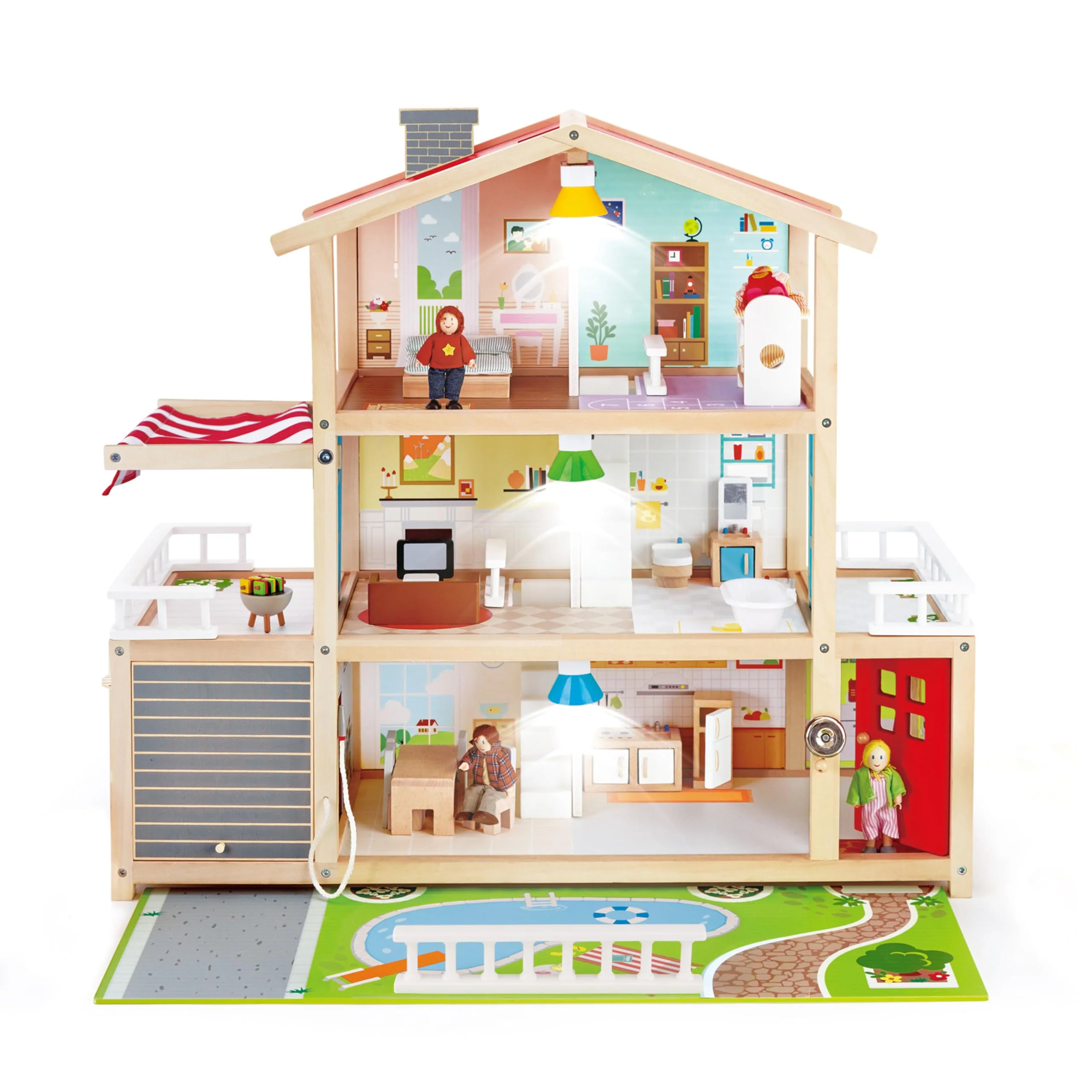 Hape Puppen-Villa Holz-Puppenhaus mit 10 Zimmern, kreatives Rollenspiel, inklusive Möbel und Zubehör, pädagogisches Spielzeug, für Kinder ab 3 Jahren