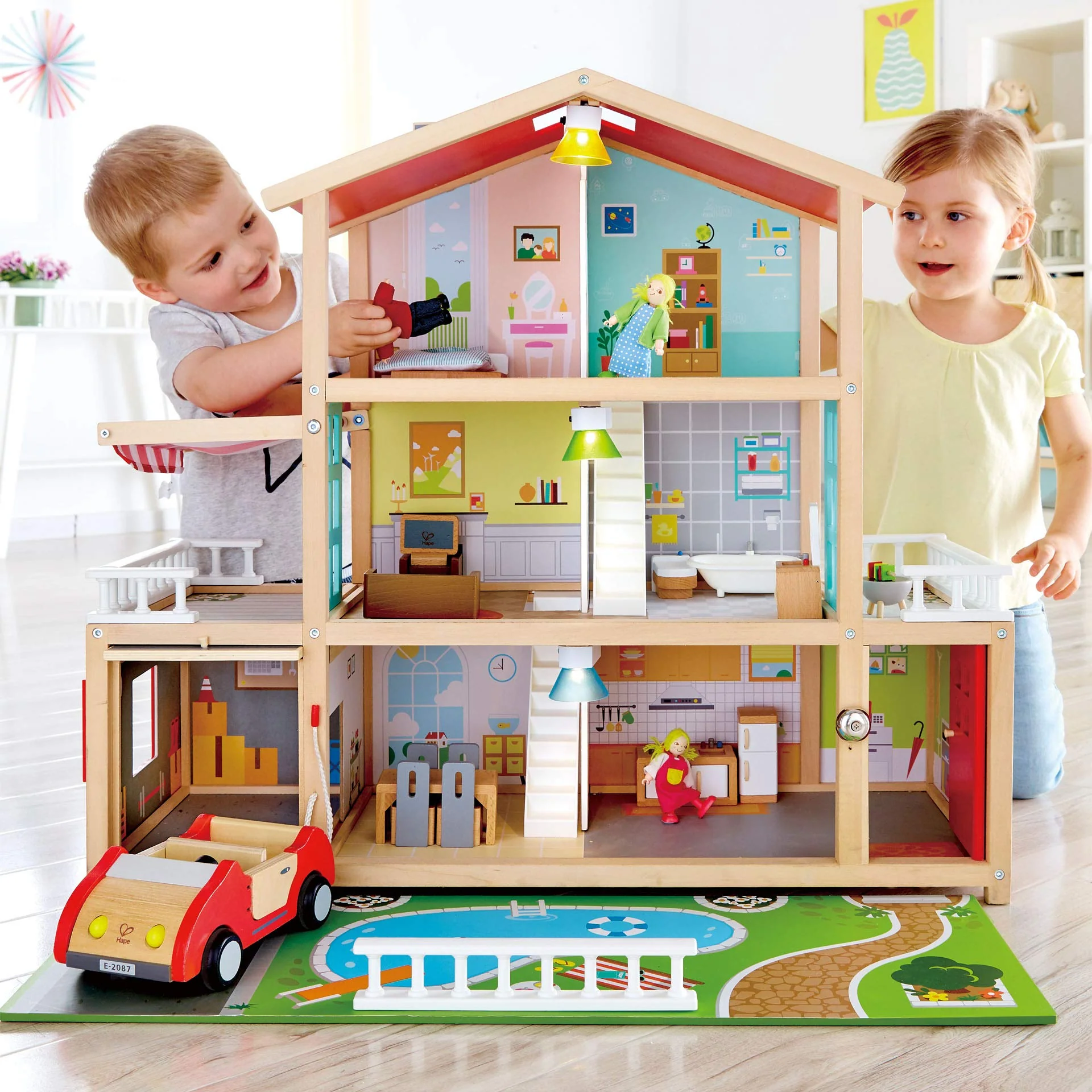 Hape Puppen-Villa Holz-Puppenhaus mit 10 Zimmern, kreatives Rollenspiel, inklusive Möbel und Zubehör, pädagogisches Spielzeug, für Kinder ab 3 Jahren - Image 4