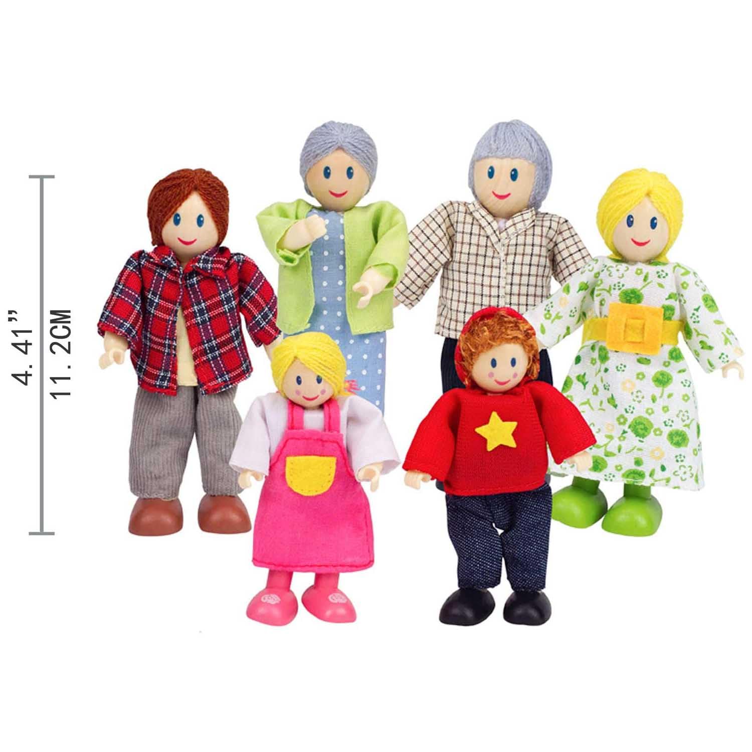 Hape Puppenfamilie Preisgekröntes Puppenfamilien-Set, einzigartiges Zubehör für Puppenhäuser aus Holz, Fantasie-Spiel, 6 Puppenfamilien-Mitglieder - Image 3
