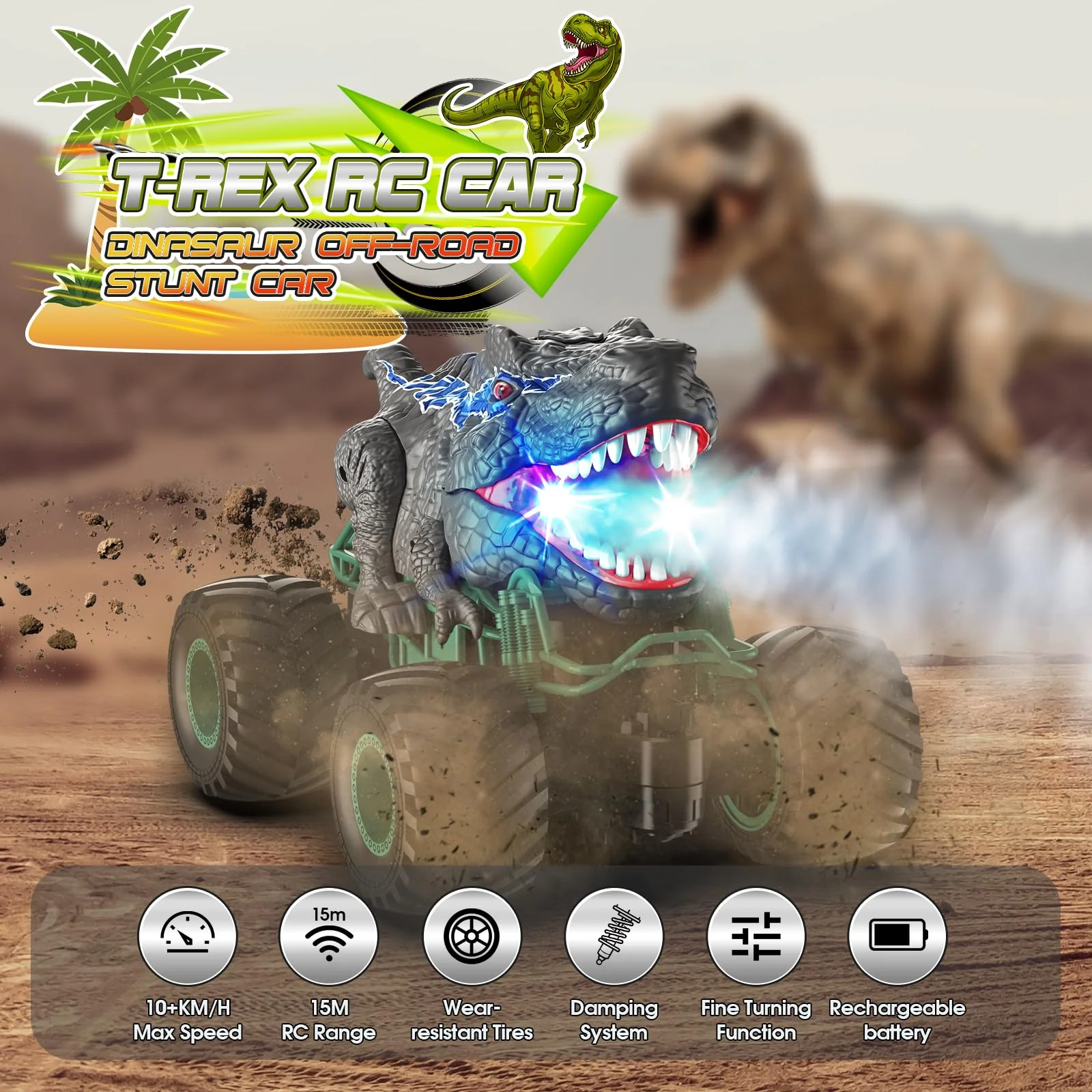 HappyGoLucky Monstertruck Ferngesteuertes Auto ab 3 4 5 6 7 8 Jahre, Dinosaurier Spielzeug ab 3-10 Jahre Junge, RC Auto mit Sprühnebel, Musik, LED-Leuchten, Ostergeschenke Kinder Outdoor Spielzeug - Image 5