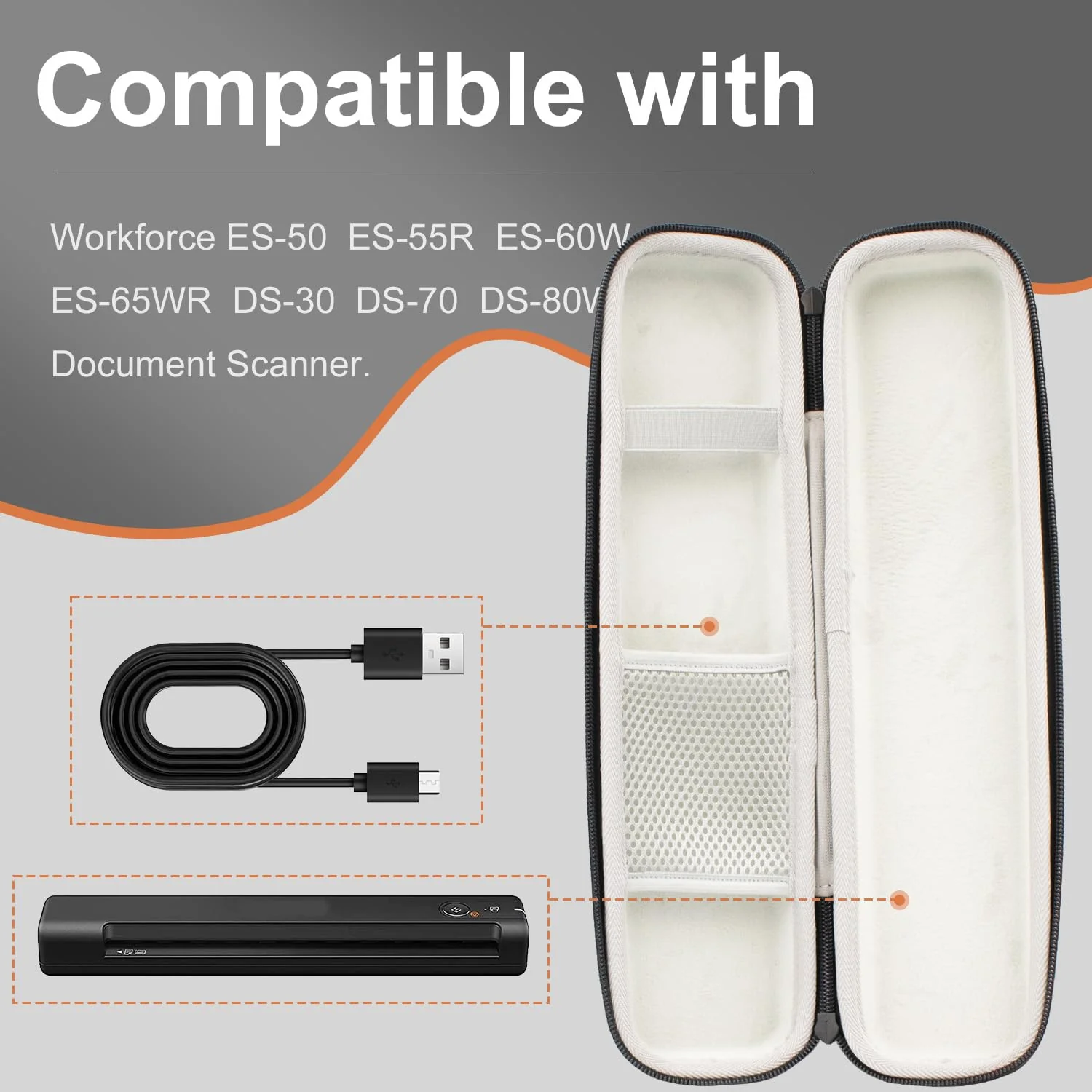 Hartschalen-Tragetasche, kompatibel mit Epson Workforce ES-50/ES-55R/ ES-60W/ES-65WR/DS-30/DS-70/DS-80W und Epson RapidReceipt RR-60/70W tragbarem Dokumentenscanner - Image 4
