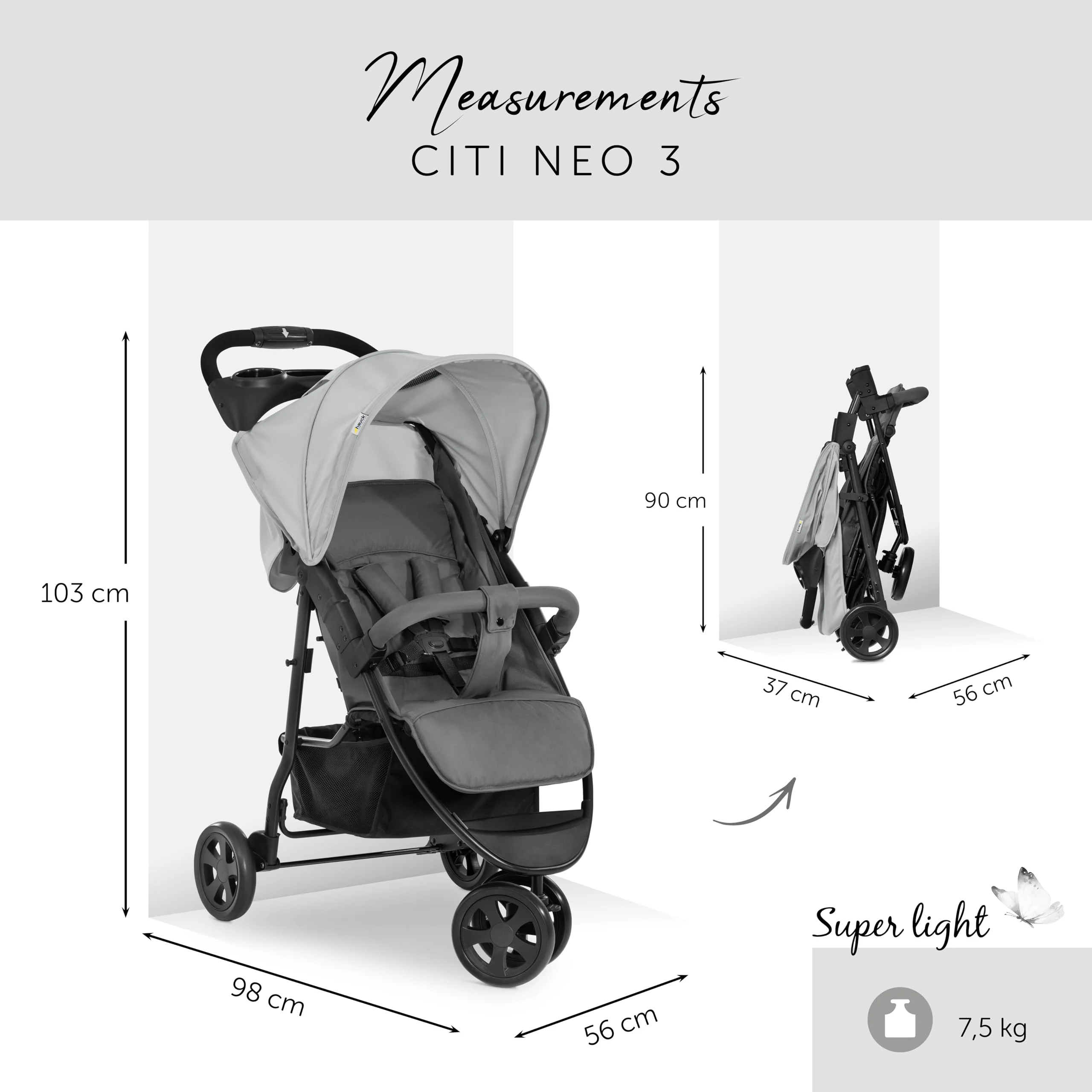 hauck Buggy Citi Neo 3 mit Getränkehalter, Einhändig Klein Faltbar, für Kinder ab Geburt bis 22 kg mit Liegefunktion, Tasche im Verdeck, XL Korb bis 3 kg (Grey) - Image 6
