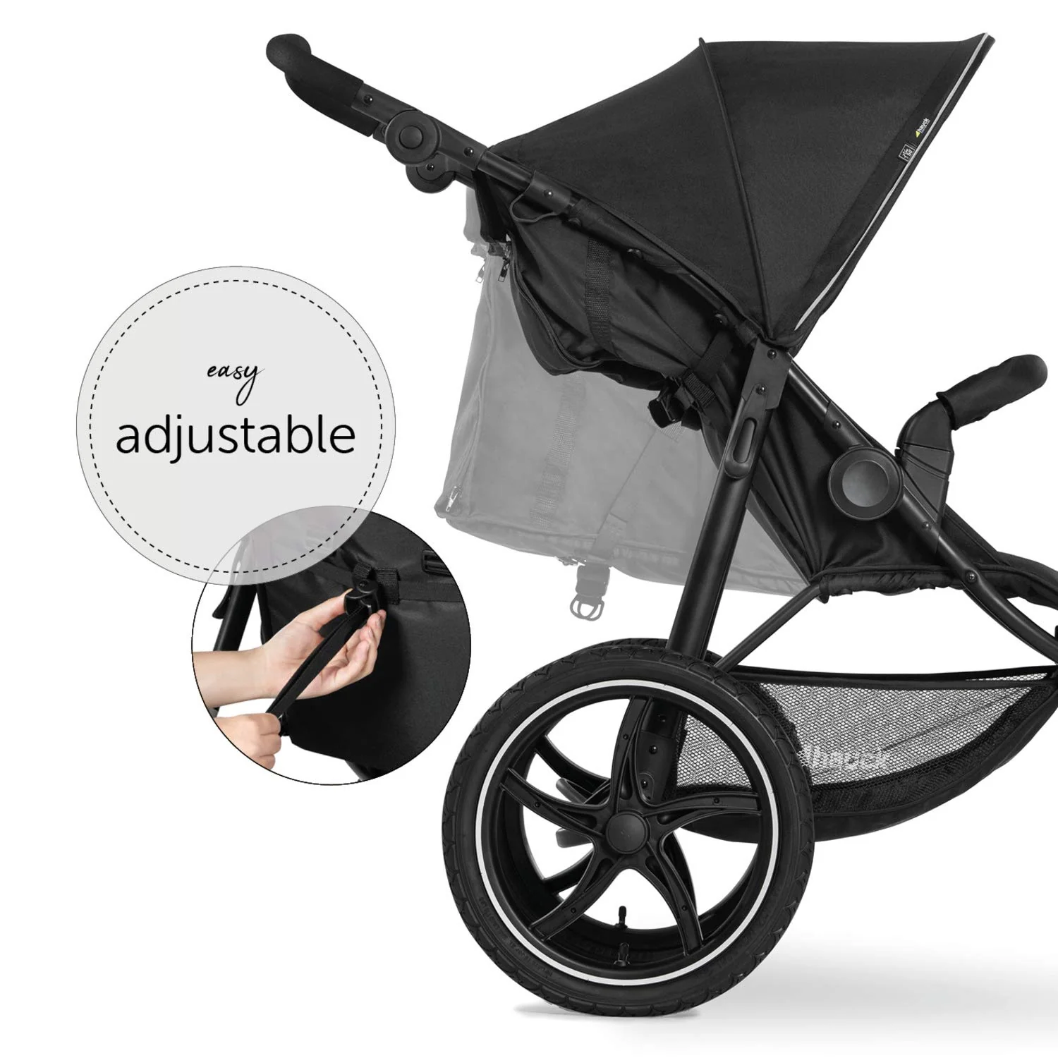 hauck Kinderwagen Runner 2, Dreirad Buggy mit XL Lufträder für Kinder bis 22 kg, UV-Schutz 50+, Belüftungsfenster, Höhenverstellbar, Faltbar, XL Korb bis 3 kg, Liegefunktion (Black) - Image 5