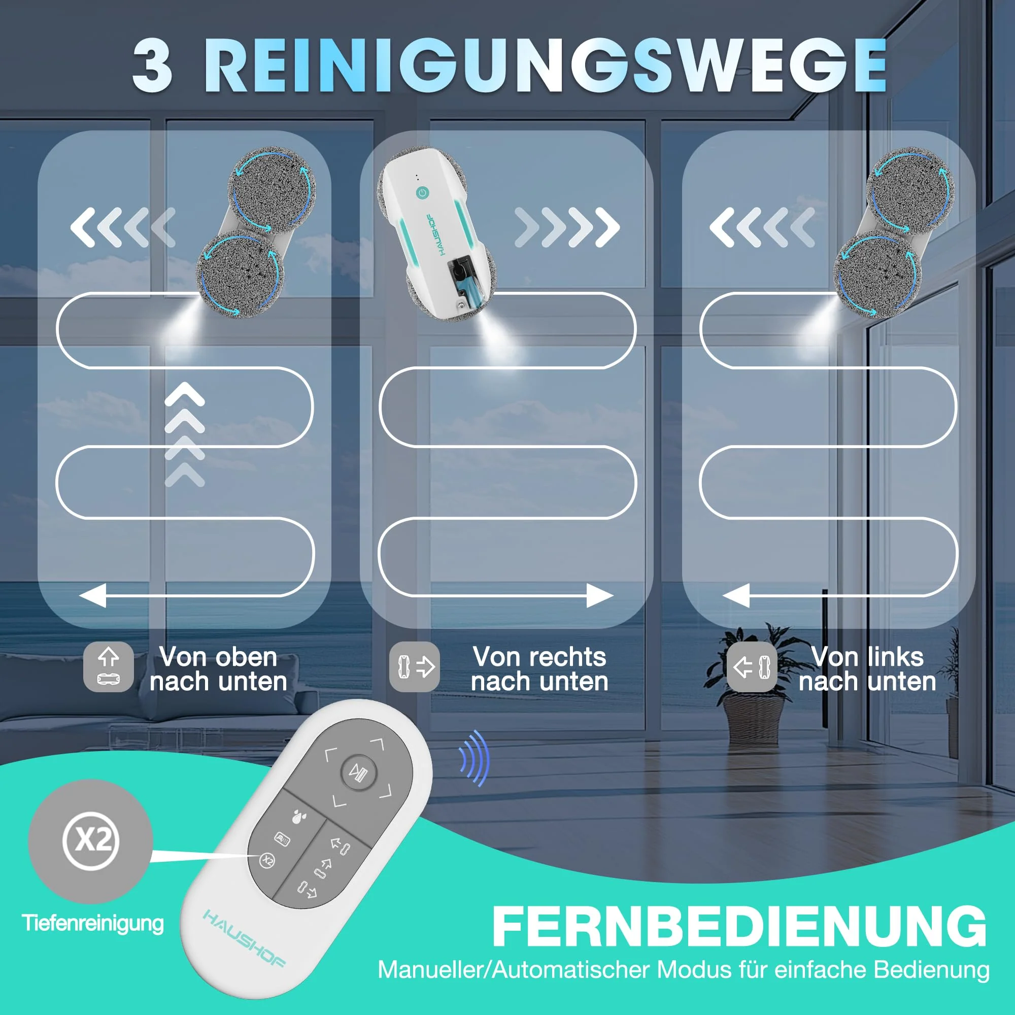 HAUSHOF Fensterputzroboter mit Sprühfunktion, 3800PA Elektrischer Fensterputzer, Intelligenter Navigation, Fernbedienung, Mit Glasreiniger & Tüchern, Zweifacher Schutz, Für Innen- & Außenfenster - Image 7