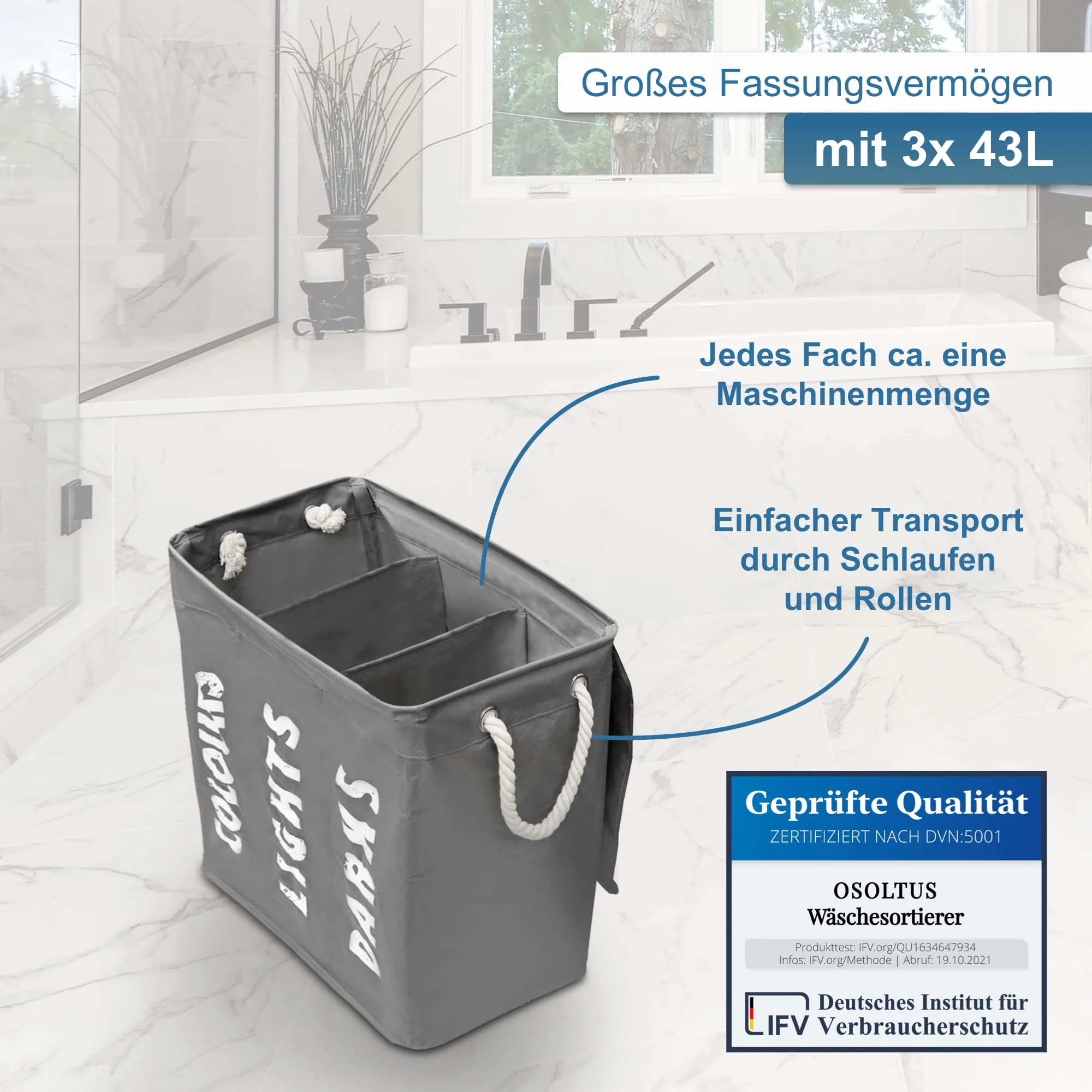 hausratplus osoltus Wäschebox - Wäsche-Sortierer mit Deckel & Rollen - Bad-Organzier - Wäschekorb - Wäschetruhe - Badezimmer Wäsche-Sortiersystem - Grau - Image 3