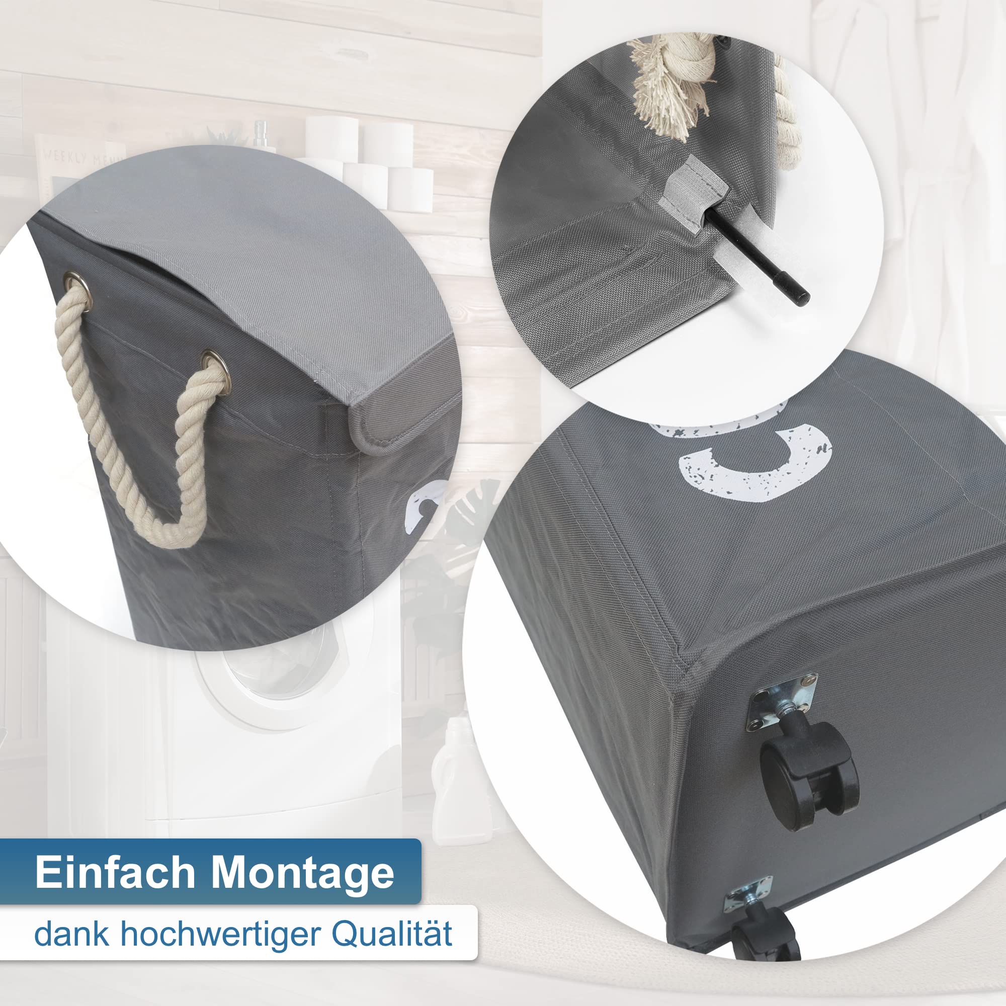 hausratplus osoltus Wäschebox - Wäsche-Sortierer mit Deckel & Rollen - Bad-Organzier - Wäschekorb - Wäschetruhe - Badezimmer Wäsche-Sortiersystem - Grau - Image 4