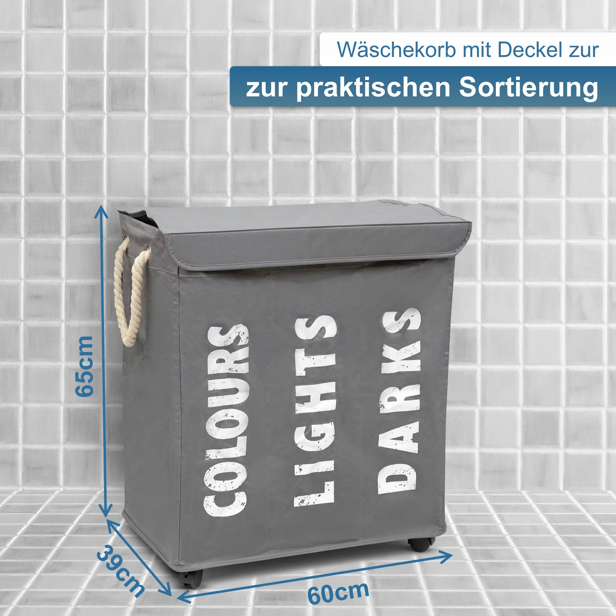 hausratplus osoltus Wäschebox - Wäsche-Sortierer mit Deckel & Rollen - Bad-Organzier - Wäschekorb - Wäschetruhe - Badezimmer Wäsche-Sortiersystem - Grau - Image 5