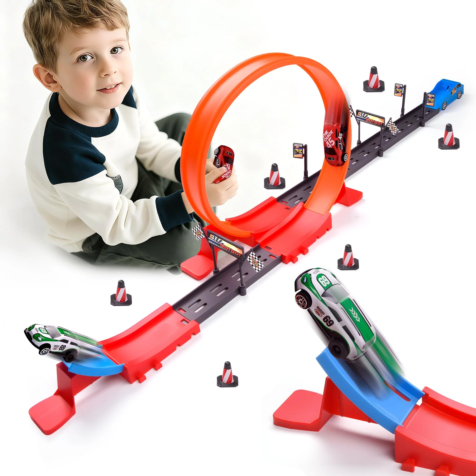 Havnidy Autorennbahn für Kinder, Rennstrecke Auto Spielzeug Mit 360°-Loopings und 2 Schnellen Rückziehautos, Strecke Spielzeug Geschenk für Jungen ab 3 4 5 6 Jahren