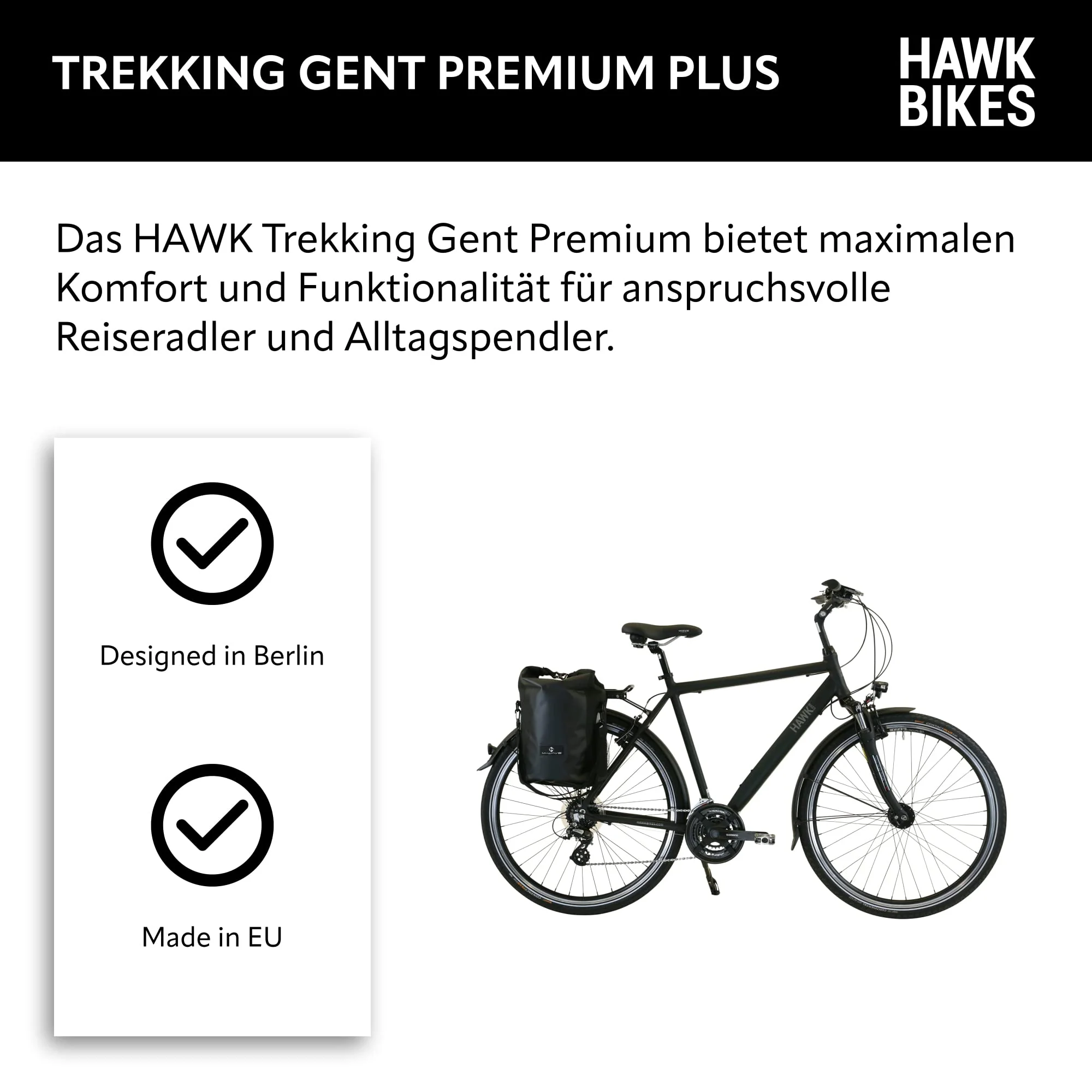 HAWK Trekking Gent Premium Plus Fahrrad Herren inkl. Tasche, 57 cm I Bike mit Microshift 24 Gang Kettenschaltung & Beleuchtung I Allrounder I Schwarz - Image 3