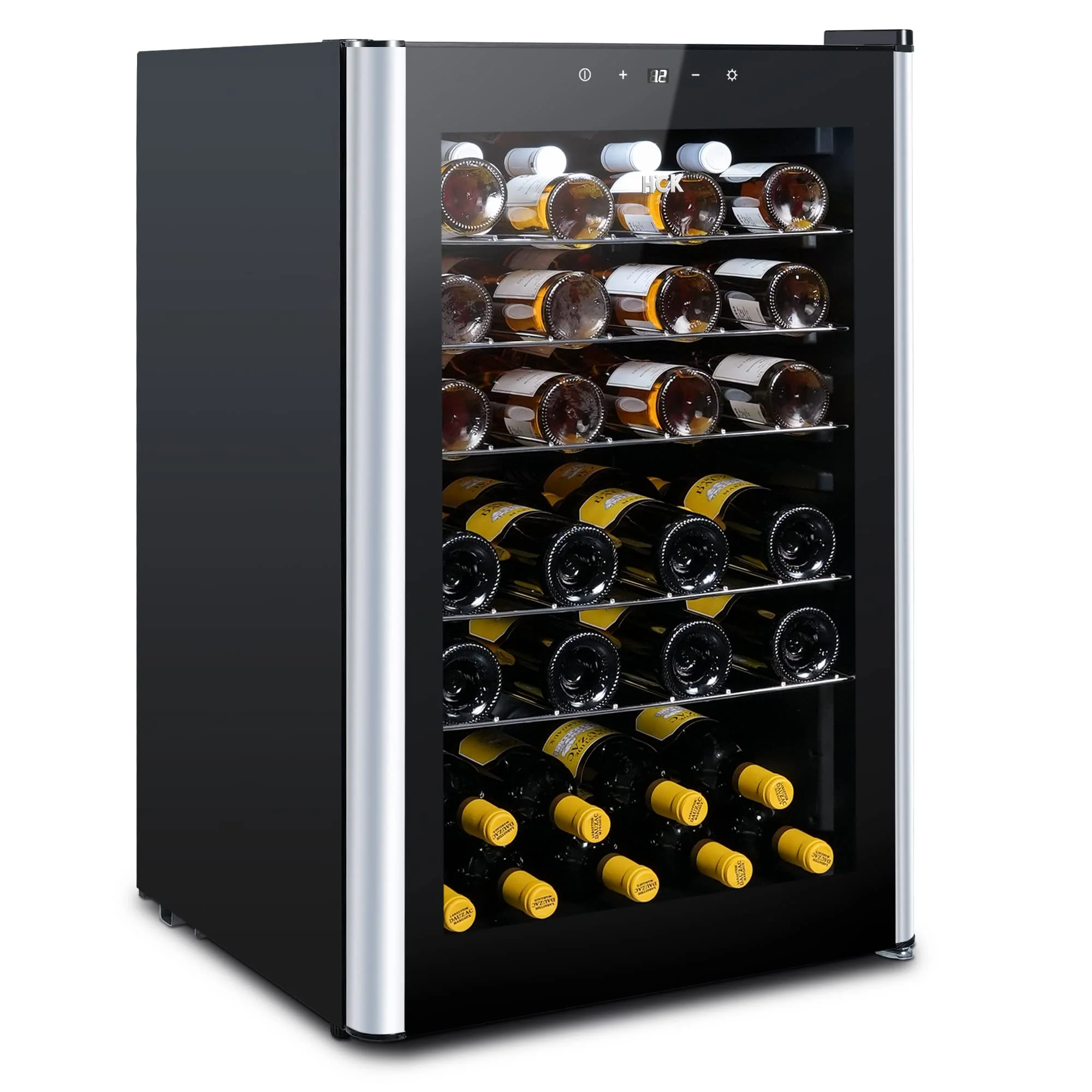 HCK 115 Liter Weinkühlschrank für 48 Flaschen, 4-22°C Weinkühlschränke Flaschenkühlschrank, Getränkekühlschrank mit Glastür, Geräuscharmer Weinschrank, Frostfreie Glastür, Vollglas-Touchpanel, Schwarz