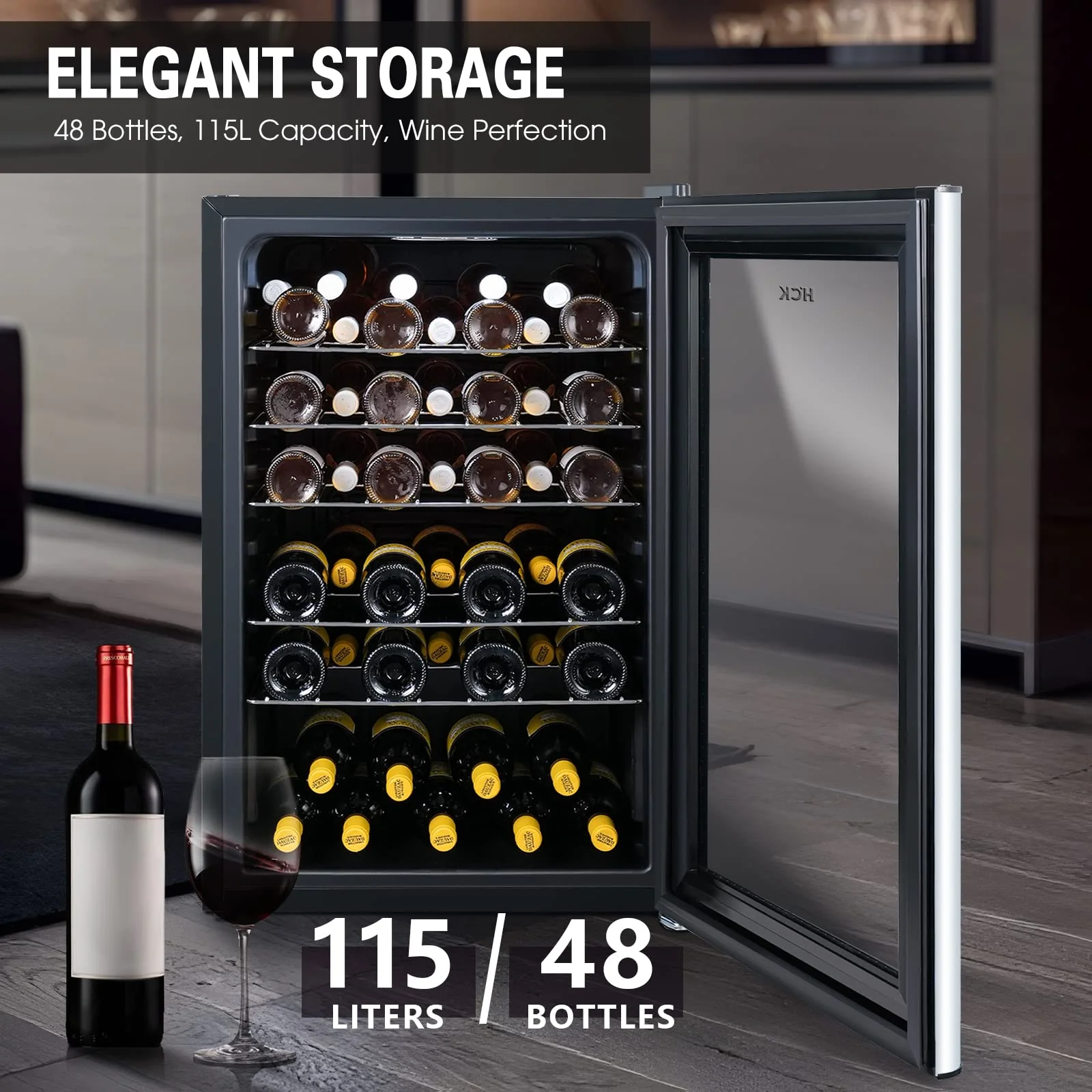 HCK 115 Liter Weinkühlschrank für 48 Flaschen, 4-22°C Weinkühlschränke Flaschenkühlschrank, Getränkekühlschrank mit Glastür, Geräuscharmer Weinschrank, Frostfreie Glastür, Vollglas-Touchpanel, Schwarz - Image 13