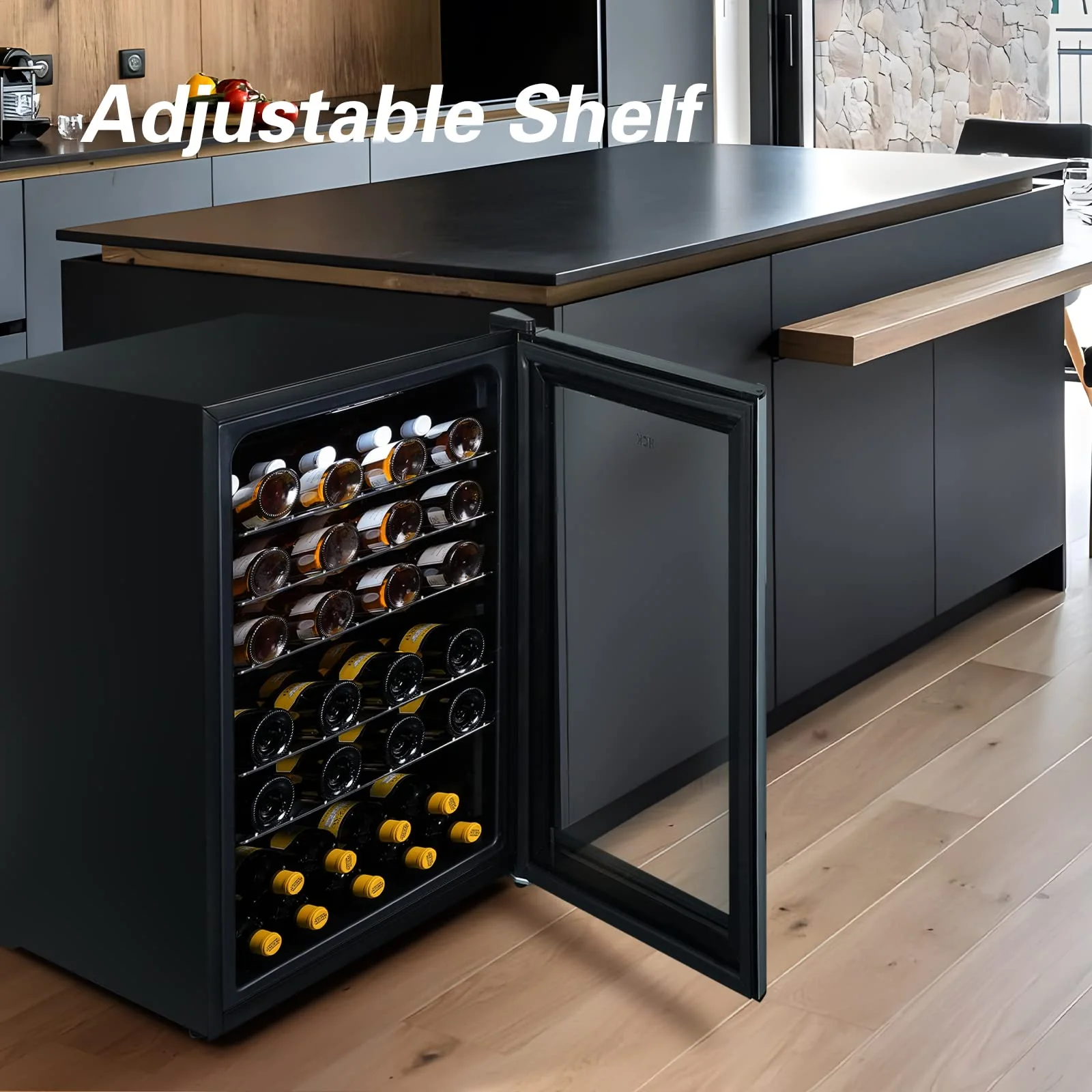 HCK 115 Liter Weinkühlschrank für 48 Flaschen, 4-22°C Weinkühlschränke Flaschenkühlschrank, Getränkekühlschrank mit Glastür, Geräuscharmer Weinschrank, Frostfreie Glastür, Vollglas-Touchpanel, Schwarz - Image 6