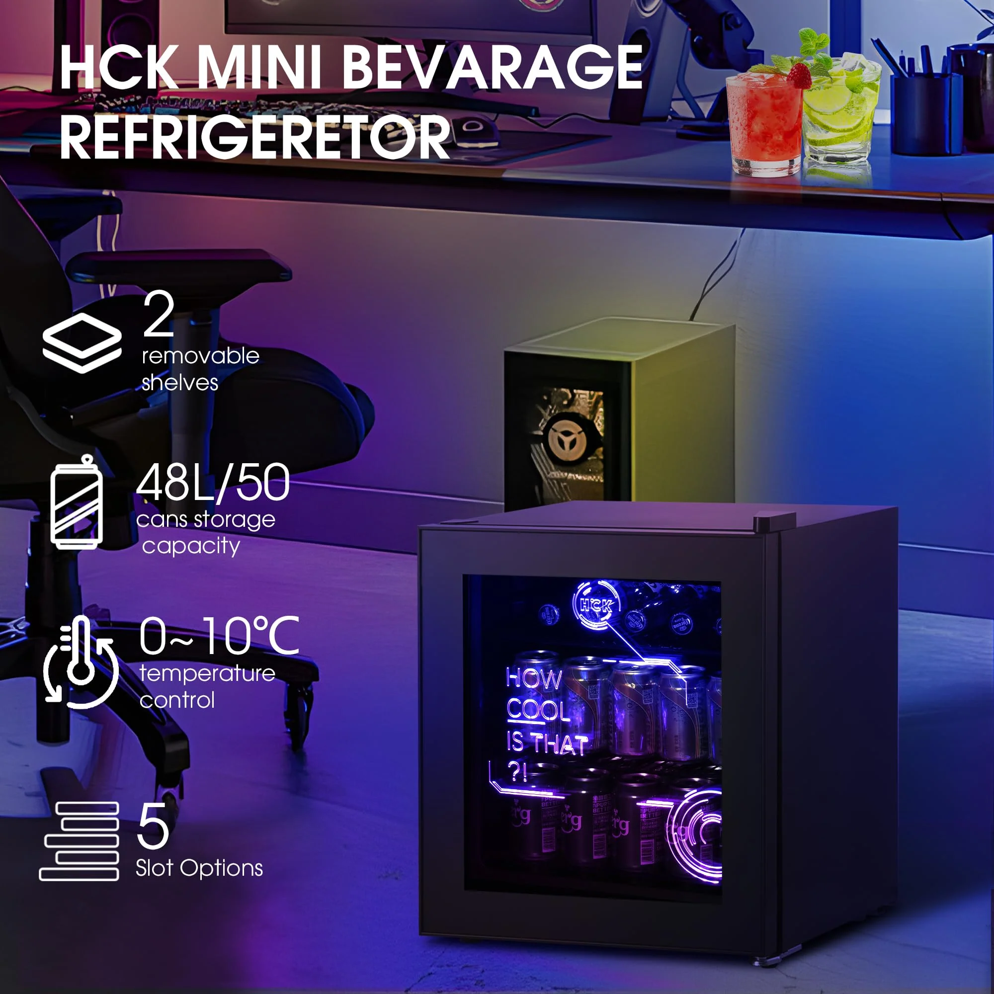HCK 48L Mini Kühlschrank mit Glastür Leise 39dB, Cyberpunk Getränkekühlschrank mit Fernsteuerbaren RGB LED Lichtern, Flaschenkühlschrank, Mini Fridge 0-15°C für Gaming Deko, Minibar, Schwarz - Image 2