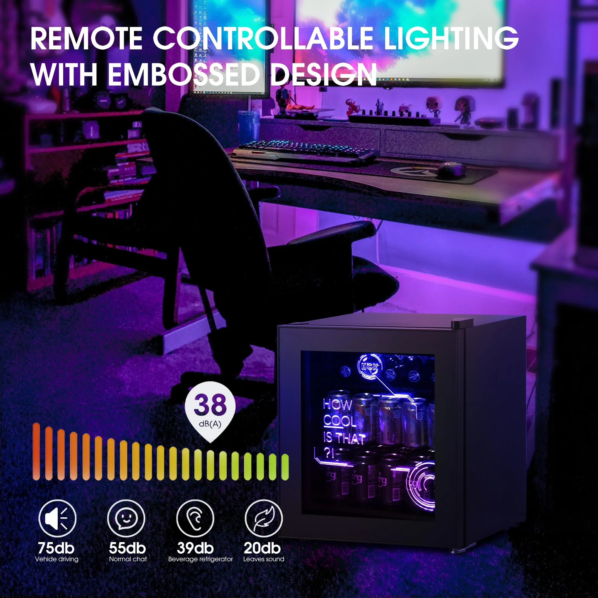 HCK 48L Mini Kühlschrank mit Glastür Leise 39dB, Cyberpunk Getränkekühlschrank mit Fernsteuerbaren RGB LED Lichtern, Flaschenkühlschrank, Mini Fridge 0-15°C für Gaming Deko, Minibar, Schwarz - Image 3