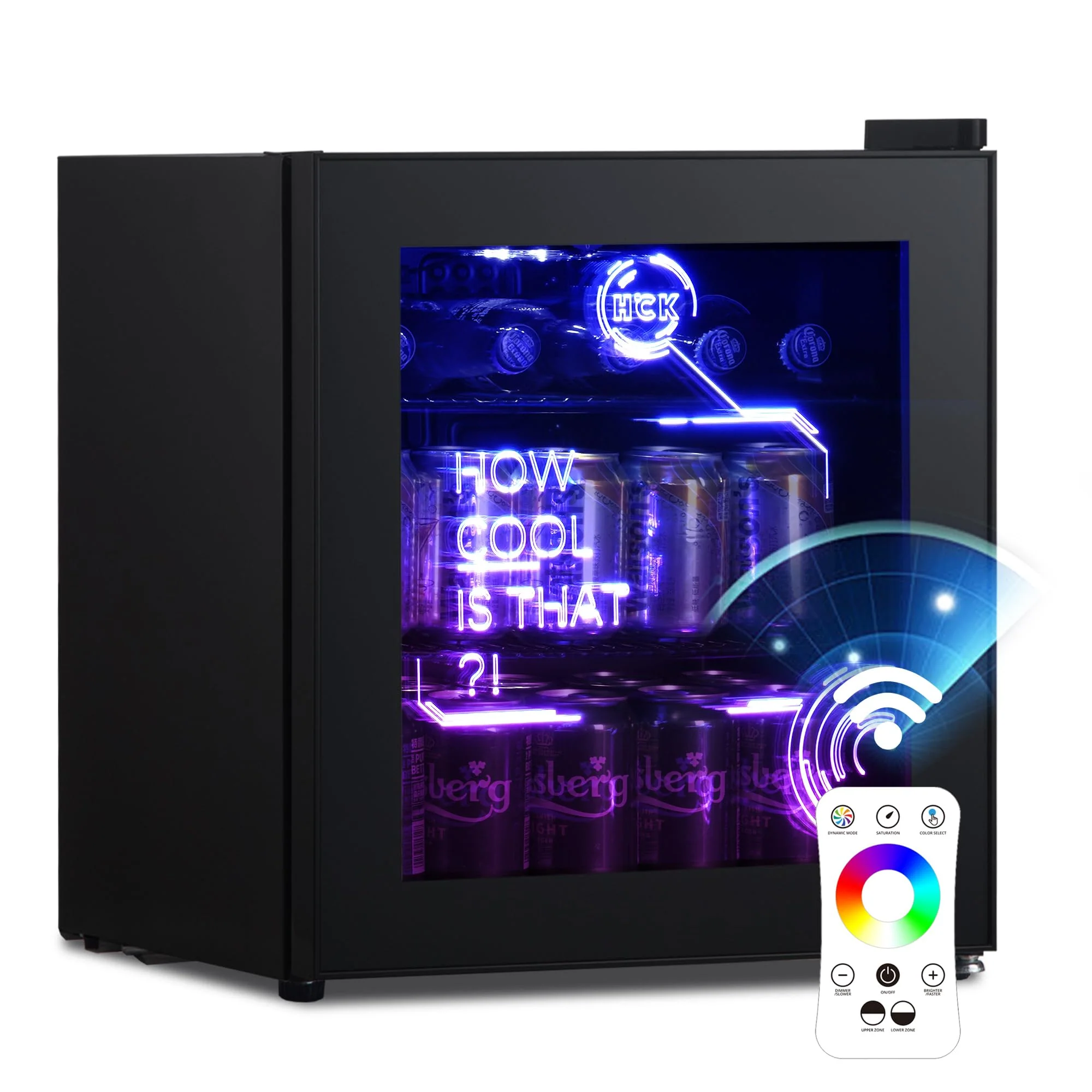 HCK 48L Mini Kühlschrank mit Glastür Leise 39dB, Cyberpunk Getränkekühlschrank mit Fernsteuerbaren RGB LED Lichtern, Flaschenkühlschrank, Mini Fridge 0-15°C für Gaming Deko, Minibar, Schwarz - Image 4