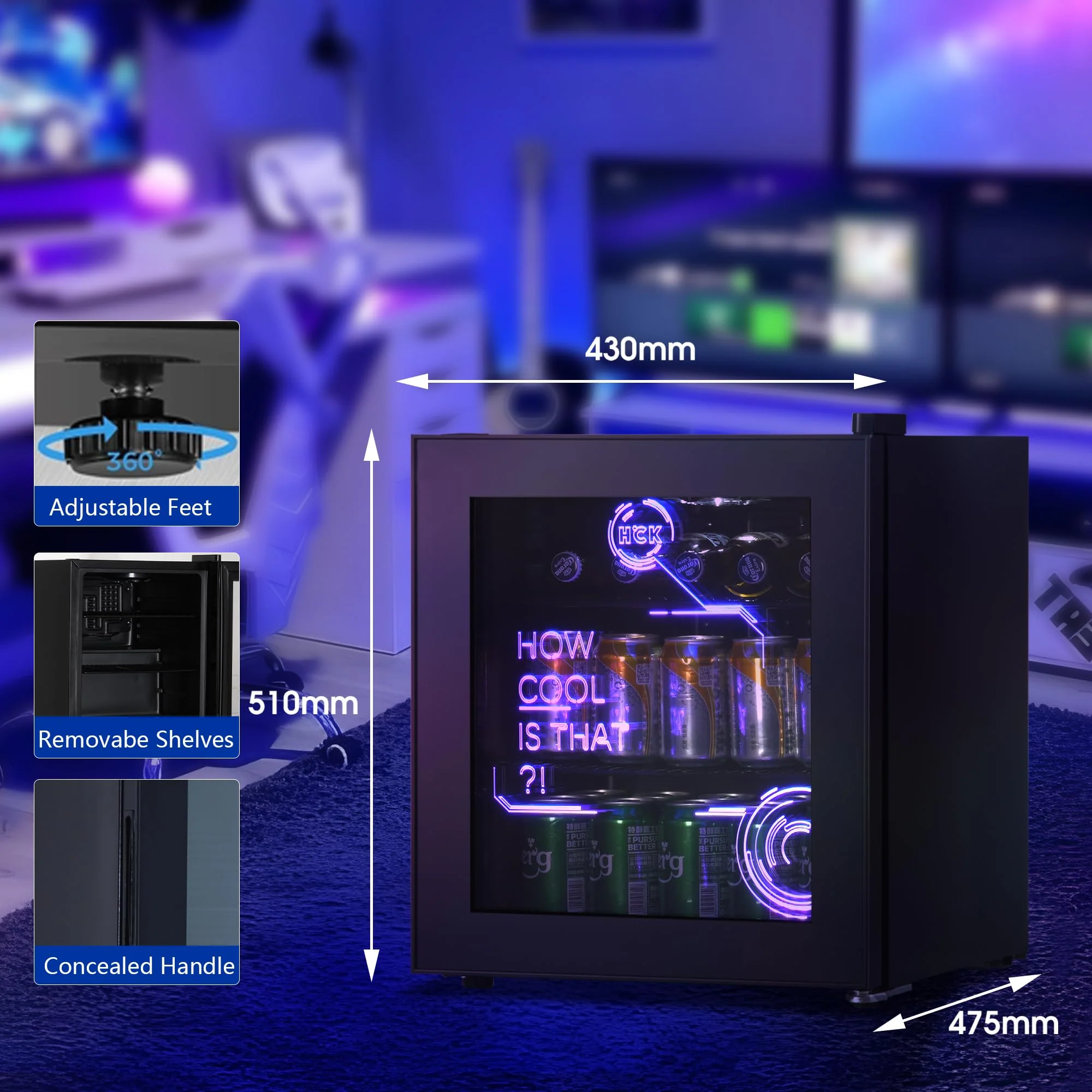HCK 48L Mini Kühlschrank mit Glastür Leise 39dB, Cyberpunk Getränkekühlschrank mit Fernsteuerbaren RGB LED Lichtern, Flaschenkühlschrank, Mini Fridge 0-15°C für Gaming Deko, Minibar, Schwarz - Image 5