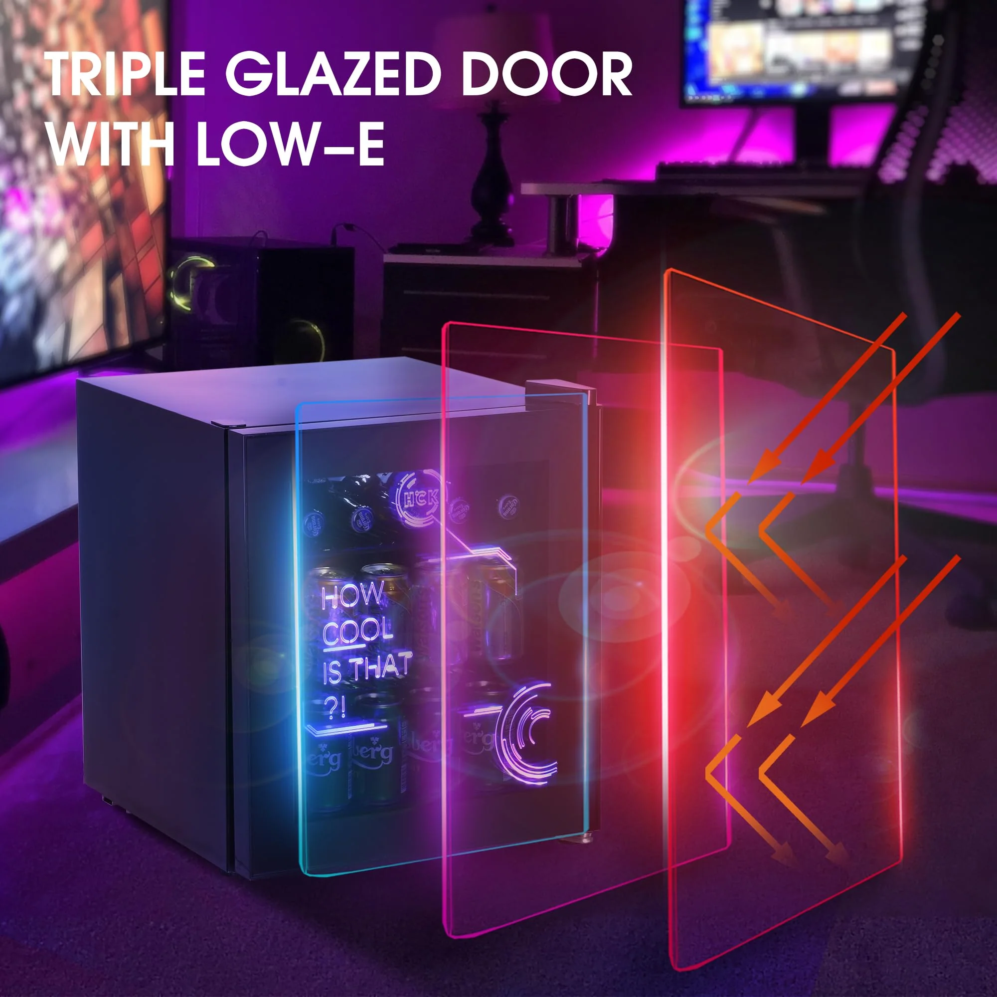 HCK 48L Mini Kühlschrank mit Glastür Leise 39dB, Cyberpunk Getränkekühlschrank mit Fernsteuerbaren RGB LED Lichtern, Flaschenkühlschrank, Mini Fridge 0-15°C für Gaming Deko, Minibar, Schwarz - Image 6