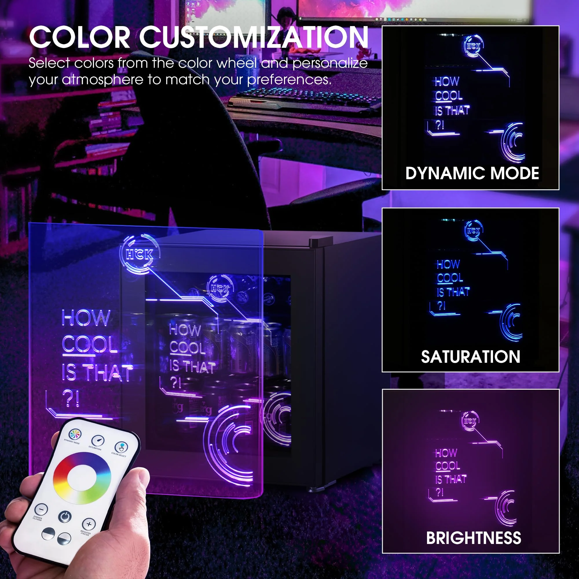 HCK 48L Mini Kühlschrank mit Glastür Leise 39dB, Cyberpunk Getränkekühlschrank mit Fernsteuerbaren RGB LED Lichtern, Flaschenkühlschrank, Mini Fridge 0-15°C für Gaming Deko, Minibar, Schwarz - Image 7