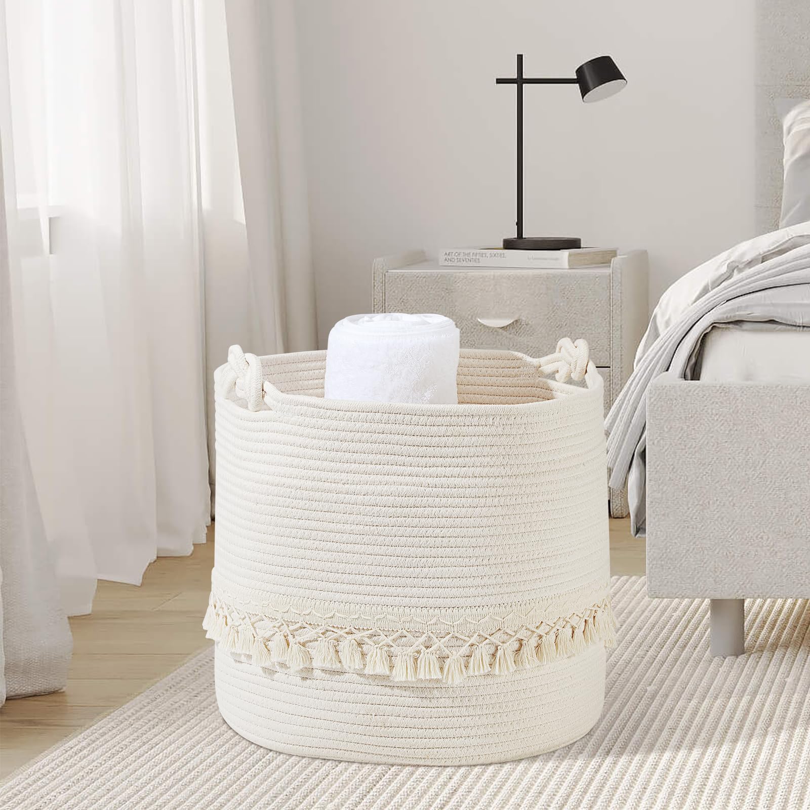 HDRNT Wäschekorb Geflochten aus Baumwolle,38L Wäschesammler mit Henkel,Pfandflaschen Aufbewahrung,Aufbewahrungskorb Laundry Baskets für Spielzeug,Wäsche Organizer für Bad(35x40cm) (Weiß) - Image 2