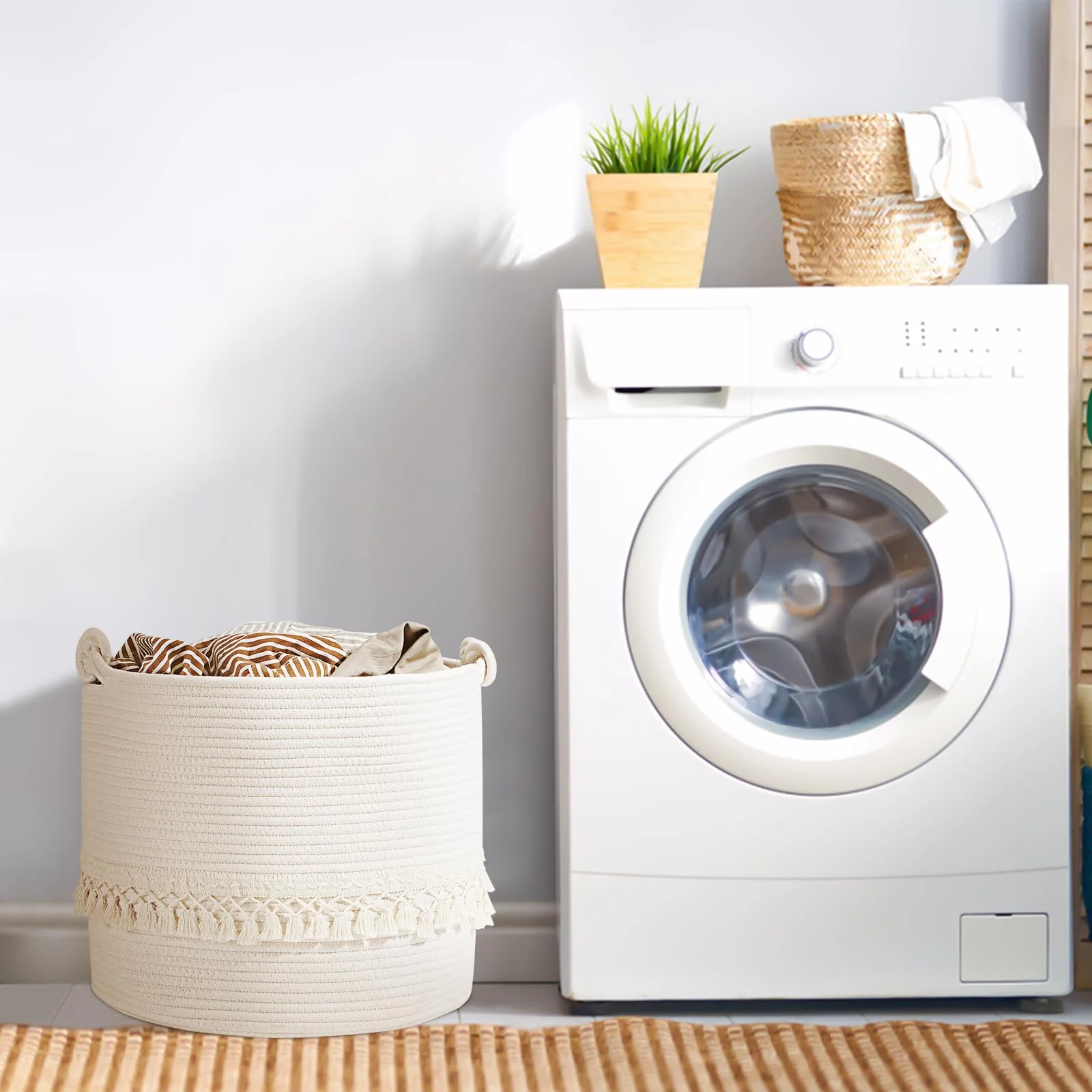 HDRNT Wäschekorb Geflochten aus Baumwolle,38L Wäschesammler mit Henkel,Pfandflaschen Aufbewahrung,Aufbewahrungskorb Laundry Baskets für Spielzeug,Wäsche Organizer für Bad(35x40cm) (Weiß) - Image 3