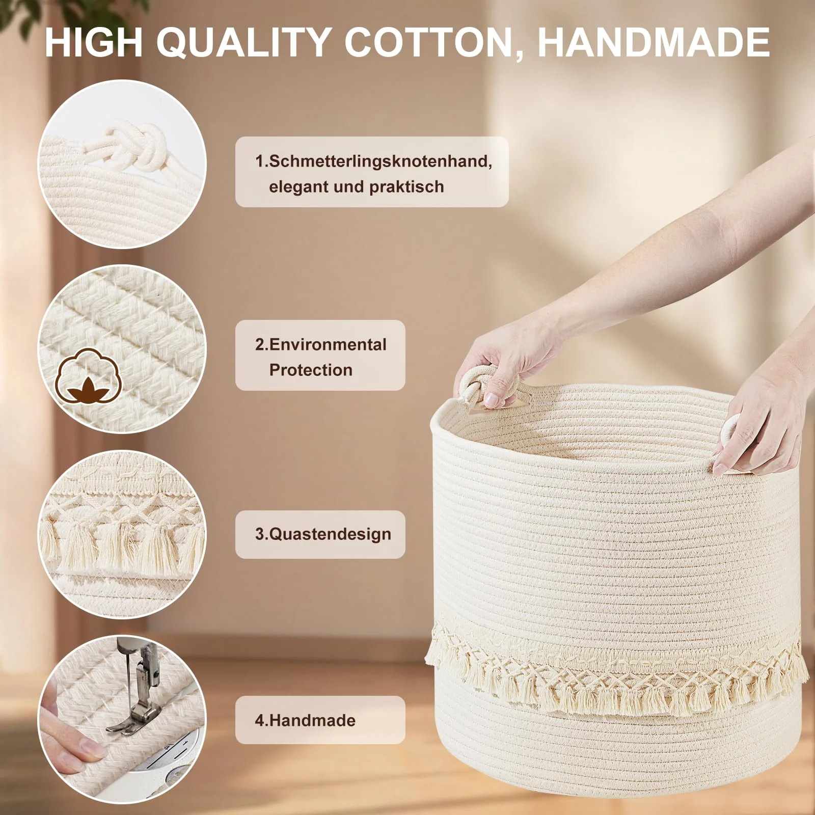 HDRNT Wäschekorb Geflochten aus Baumwolle,38L Wäschesammler mit Henkel,Pfandflaschen Aufbewahrung,Aufbewahrungskorb Laundry Baskets für Spielzeug,Wäsche Organizer für Bad(35x40cm) (Weiß) - Image 5