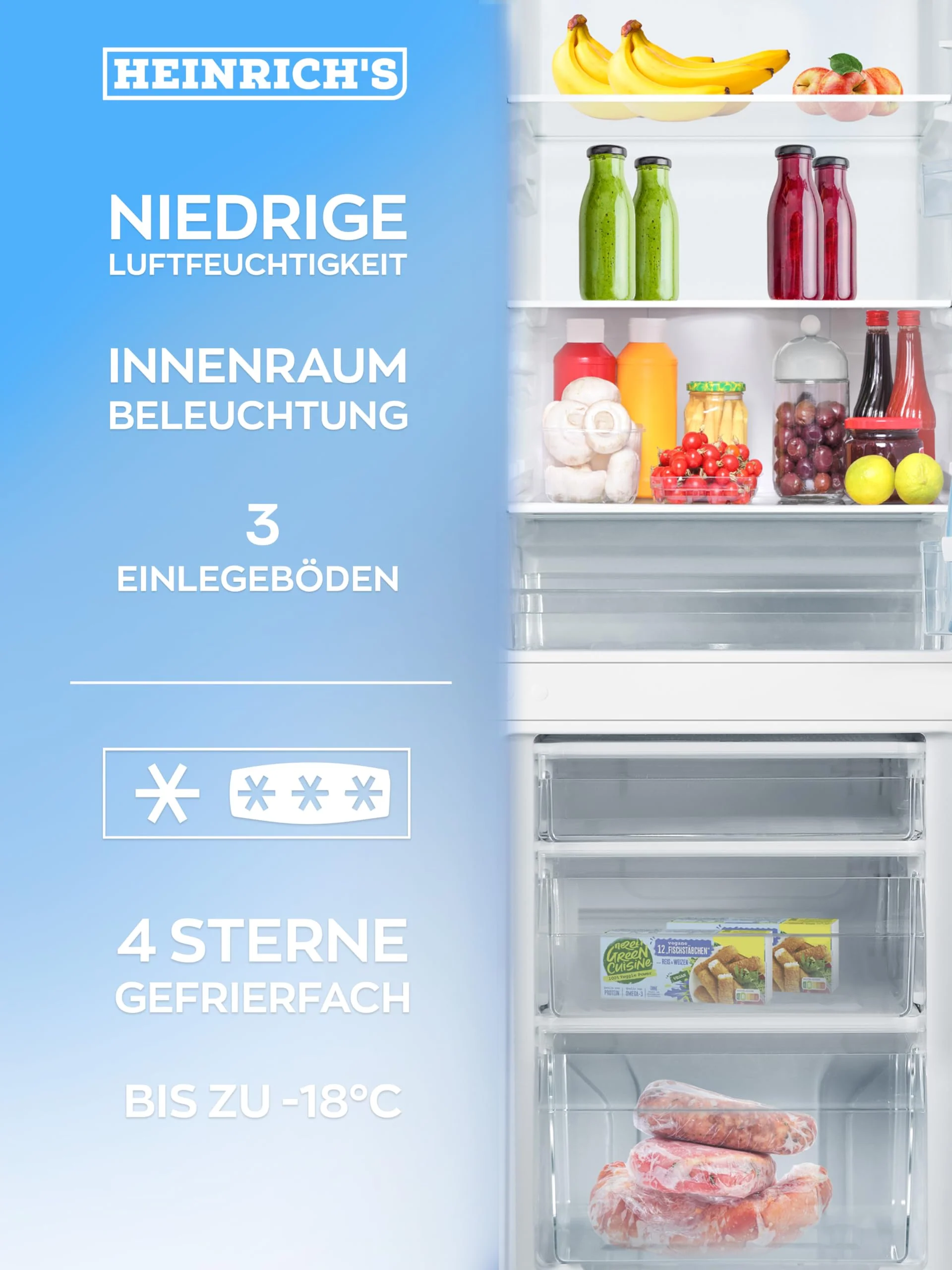 Heinrich´s Kühlgefrierkombination 175Liter, Kühlvolumen 122L, Gefrierfach 53L,LED Innenraumbeleuchtung, Kühlschrank Türanschlag wechselbar, leise 39dB,große Tiefkühlboxen, 7 Temperaturstufen,inox - Image 12