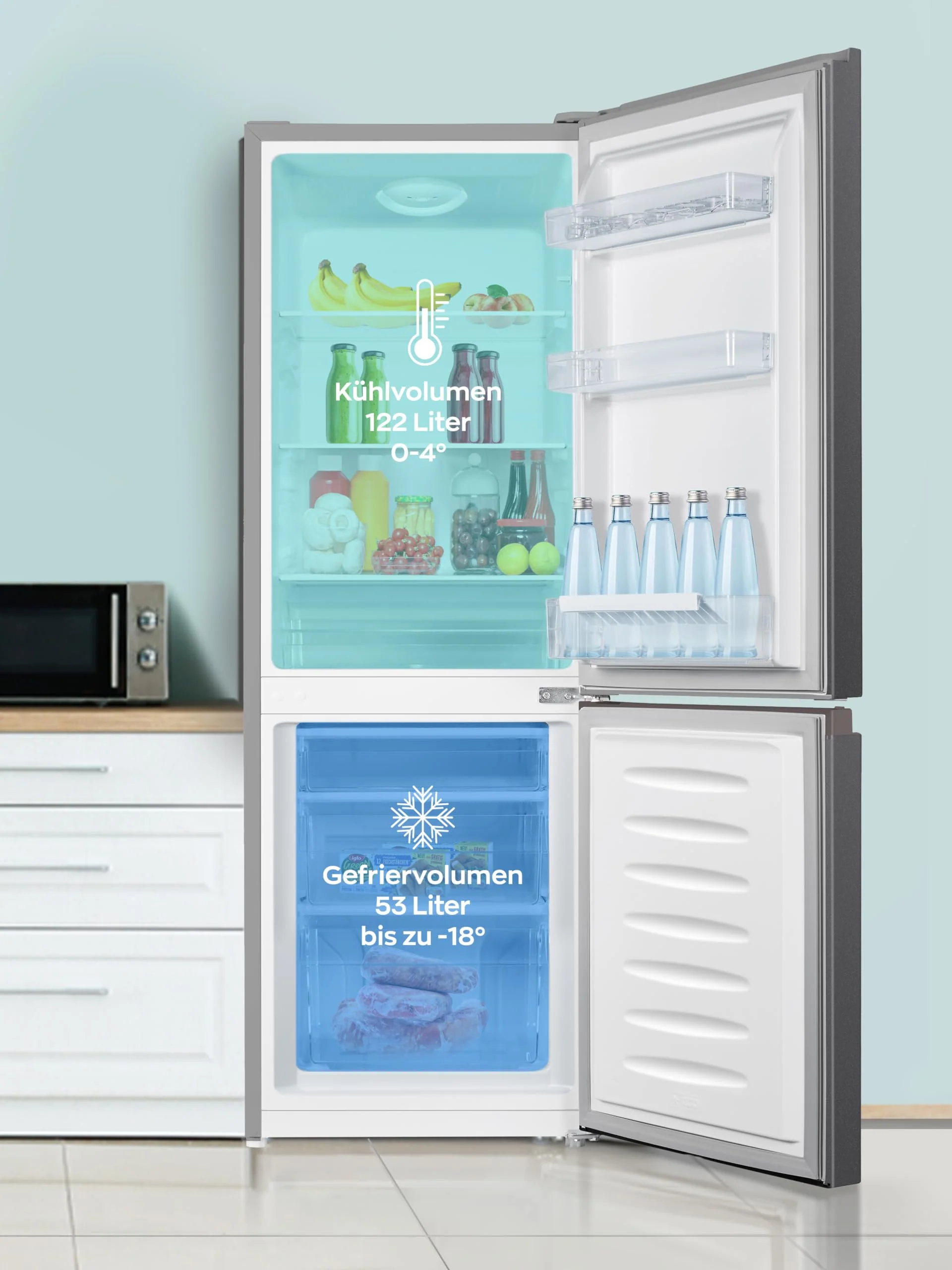 Heinrich´s Kühlgefrierkombination 175Liter, Kühlvolumen 122L, Gefrierfach 53L,LED Innenraumbeleuchtung, Kühlschrank Türanschlag wechselbar, leise 39dB,große Tiefkühlboxen, 7 Temperaturstufen,inox - Image 8