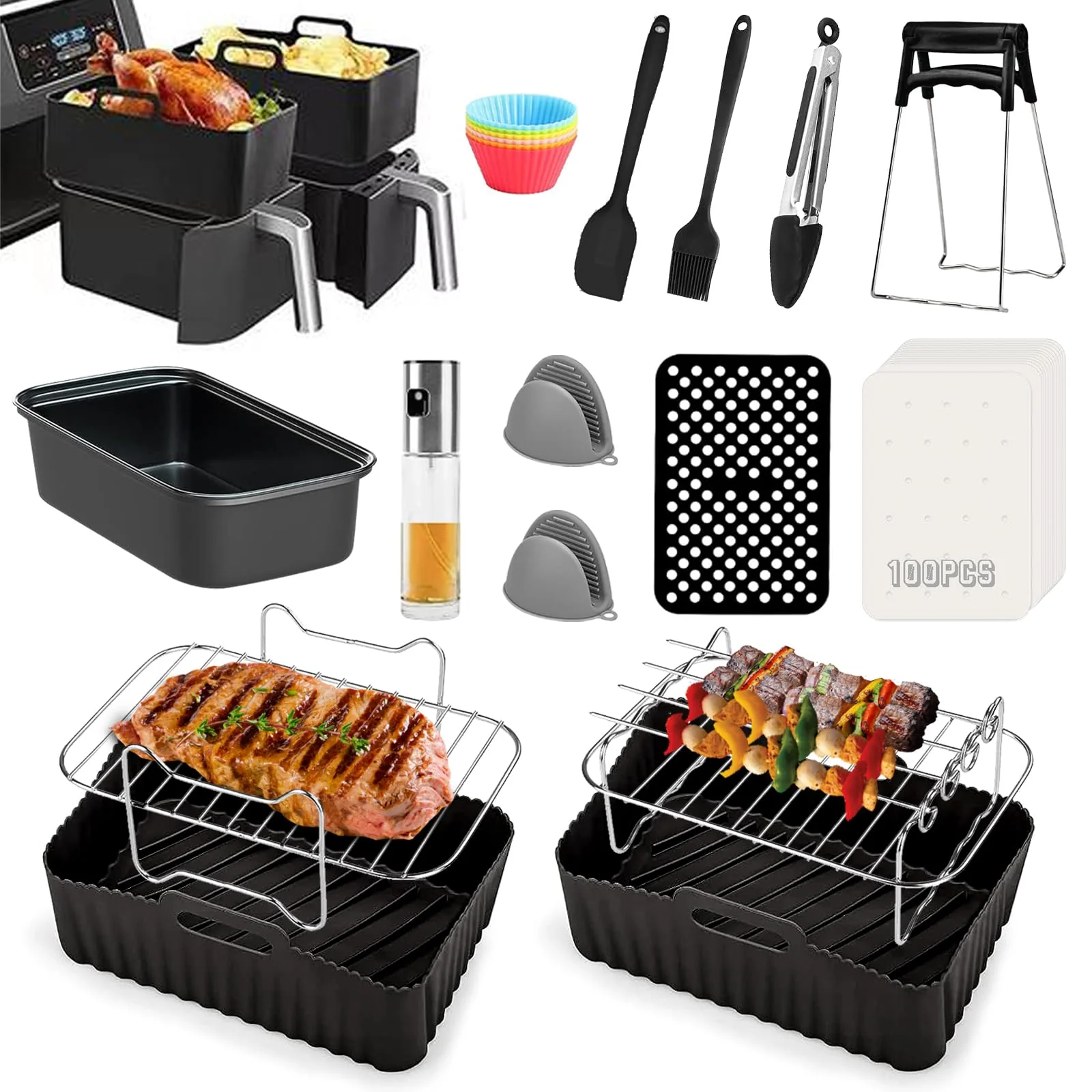 Heißluftfritteusen Zubehör für Ninja Foodi AF400EU, AF300EU, Emerio, Princess, Innsky, COSORI, Tower 7,6L/8L/9L/9,5L Dual Zone Heißluftfritteuse, Silikoneinlagen&Grillroste&Backformen usw, Schwarz - Image 3