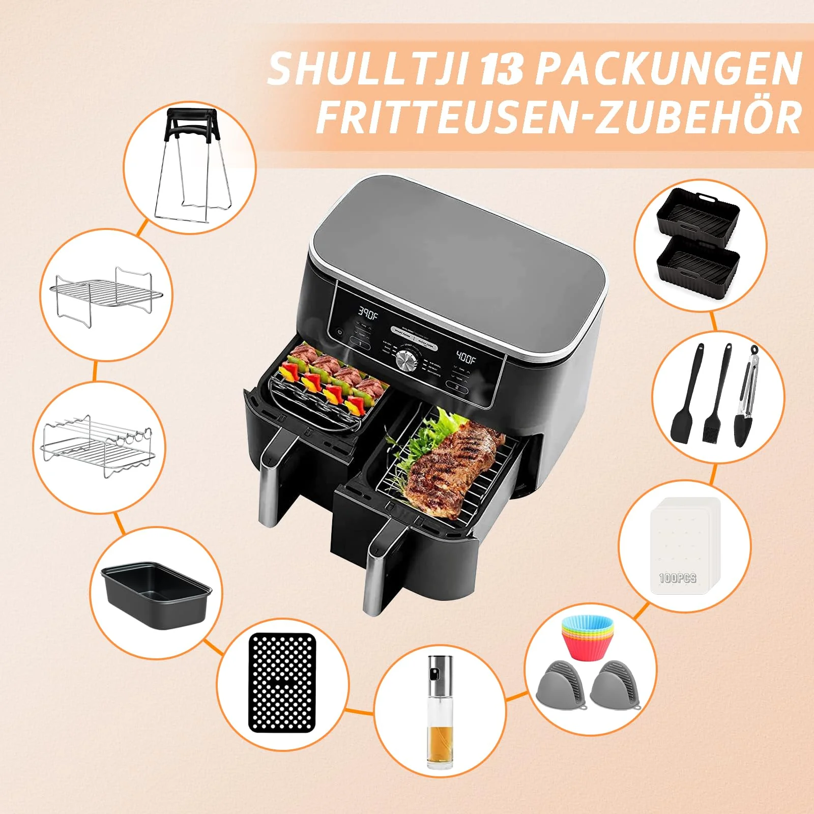 Heißluftfritteusen Zubehör für Ninja Foodi AF400EU, AF300EU, Emerio, Princess, Innsky, COSORI, Tower 7,6L/8L/9L/9,5L Dual Zone Heißluftfritteuse, Silikoneinlagen&Grillroste&Backformen usw, Schwarz - Image 6