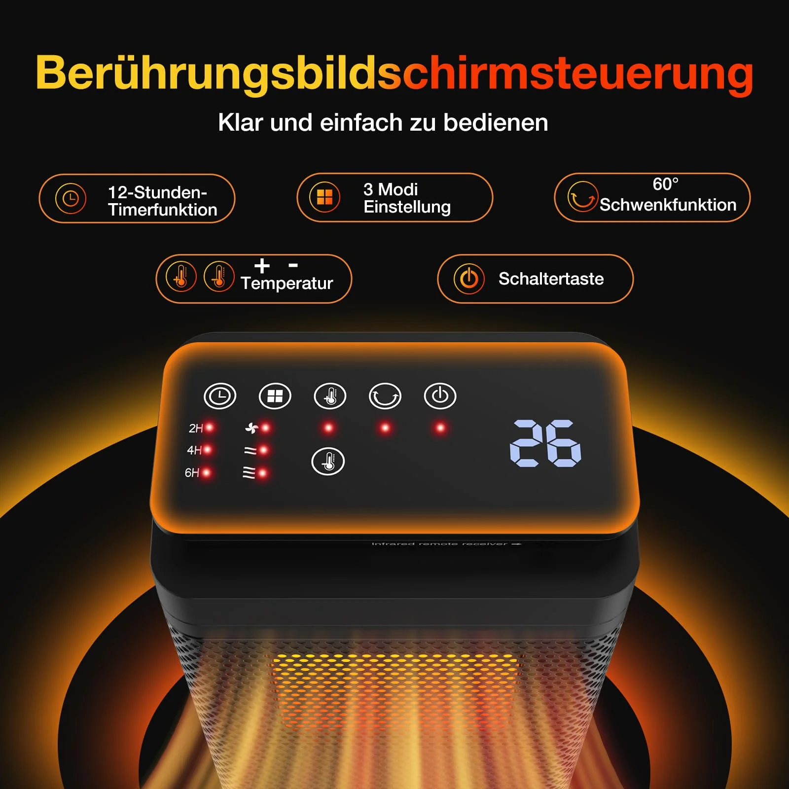 Heizlüfter Elektrisch mit Fernbedienung - 1500W Elektroheizung, 3 Heizung PTC Keramik Heizstrahler, 60° Oszillation, 12H Timer, Fernbedienung, Energiesparend für Bad, Schlafzimmer - Image 7