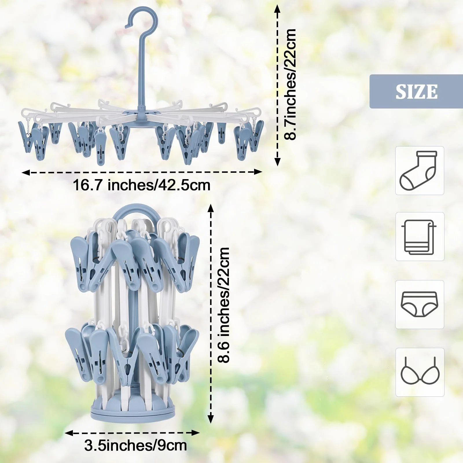 Hejo 2 Stück Sockentrockner Wäscheständer, Socken Karussell, Trockenkarussell, Klappbare Wäschespinne, Rutschfester Camping Sockenaufhänger mit 20 Clips für Socken Unterwäsche Kleine Kleidung (Blau) - Image 7